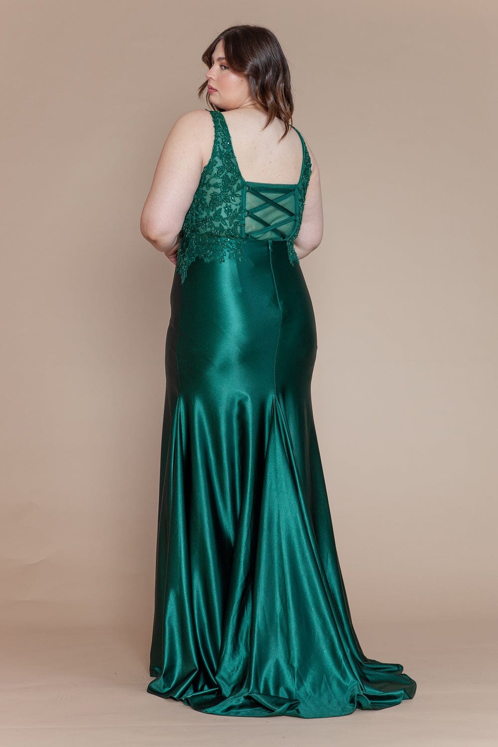 Emerald V Neck Floor Length Embroidered Plus Size Gown with Sweep Train Formal Dress Poly USA W1160