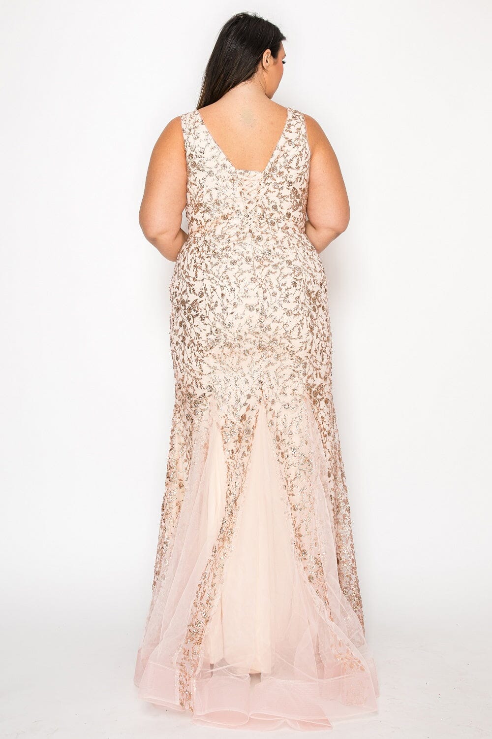 Gold/Rose Gold V-Neck Floor-Length Glitter Print Dress with Side Slit and Lace-Up Back Plus Size Gown Poly USA W1136