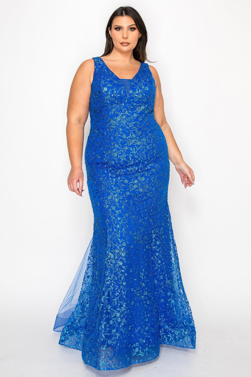 Royal V-Neck Floor-Length Glitter Print Dress with Side Slit and Lace-Up Back Plus Size Gown Poly USA W1136
