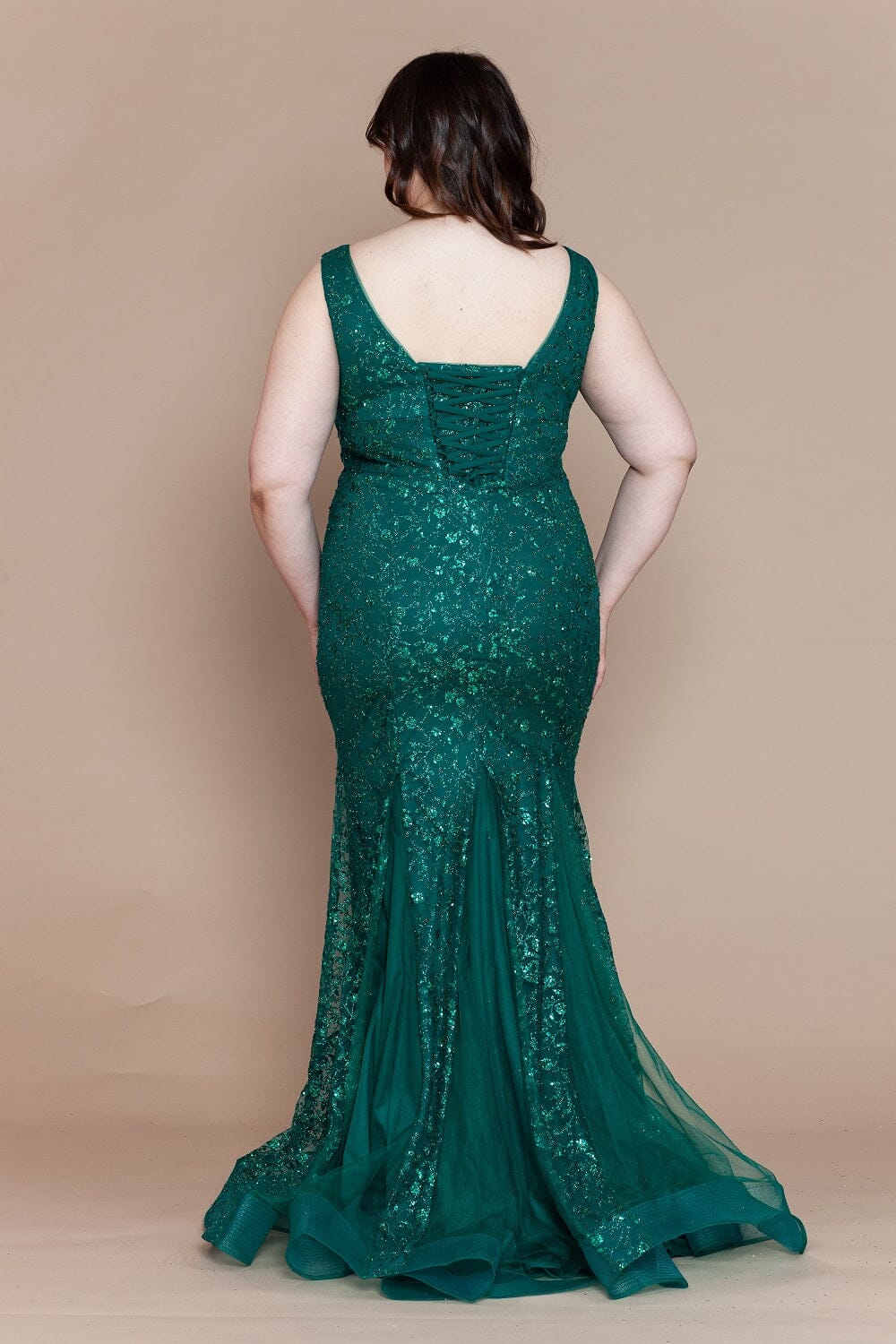 Emerald V-Neck Floor-Length Glitter Print Dress with Side Slit and Lace-Up Back Plus Size Gown Poly USA W1136