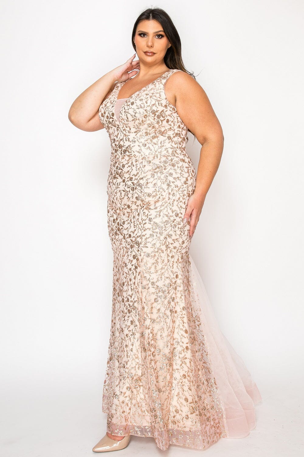 Gold/Rose Gold V-Neck Floor-Length Glitter Print Dress with Side Slit and Lace-Up Back Plus Size Gown Poly USA W1136