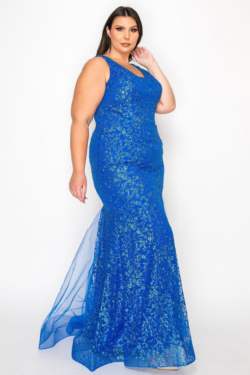 Royal V-Neck Floor-Length Glitter Print Dress with Side Slit and Lace-Up Back Plus Size Gown Poly USA W1136