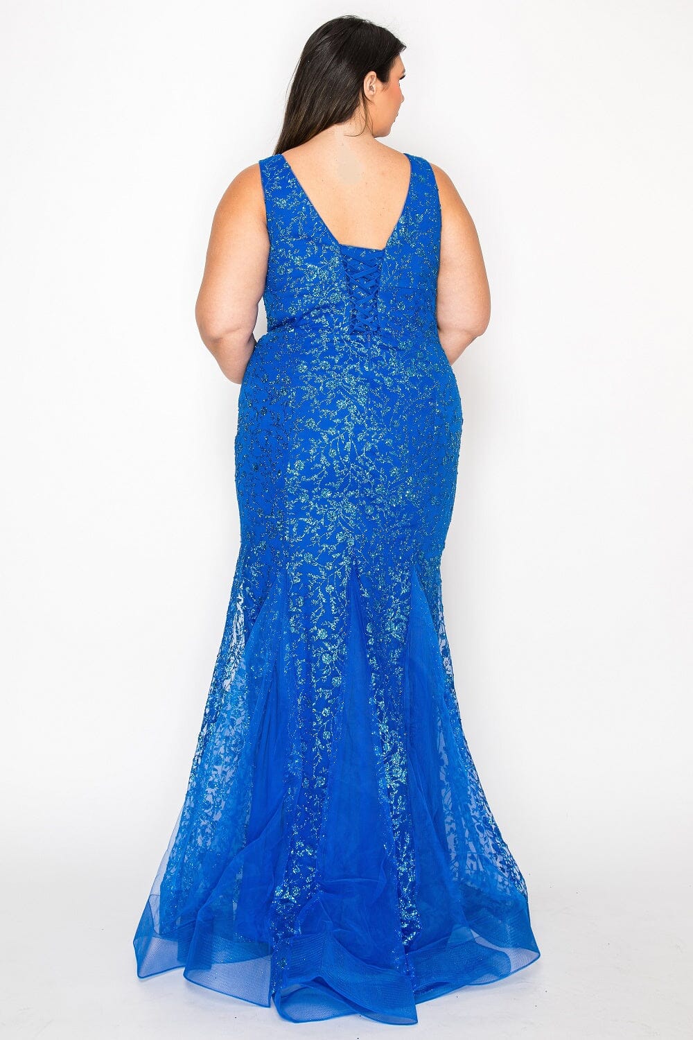 Royal V-Neck Floor-Length Glitter Print Dress with Side Slit and Lace-Up Back Plus Size Gown Poly USA W1136
