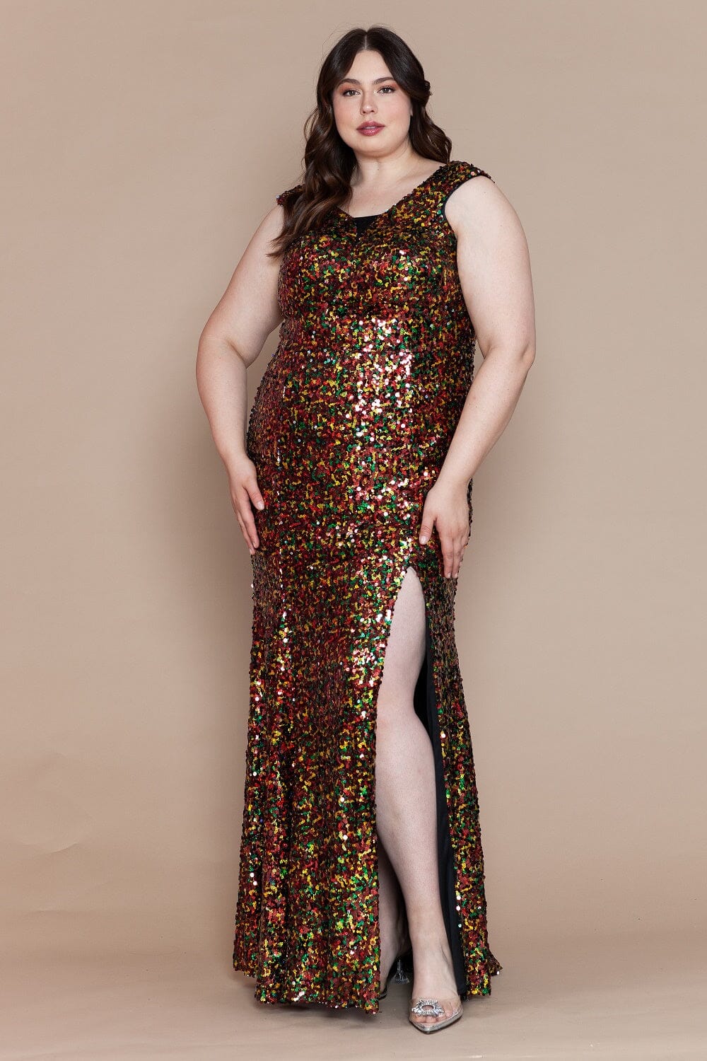 Black/Gold V-Neck Floor-Length Sequin Velvet Prom Gown with High Slit Plus Size Dress Poly USA W1124