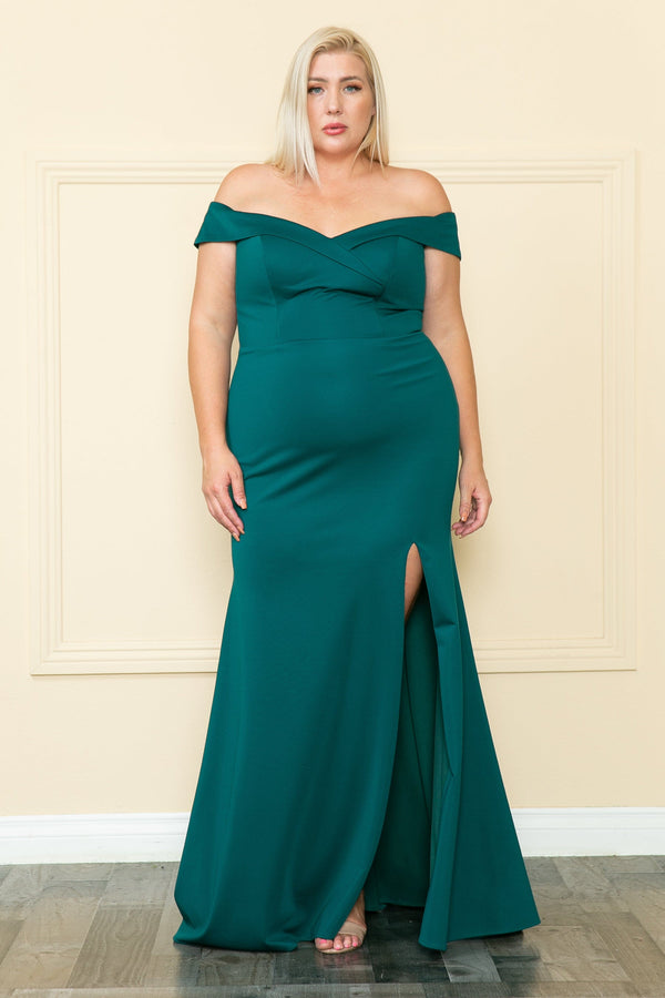 Off-the-Shoulder Floor-Length Jersey Prom Gown with High Slit Plus Size Dress Poly USA W1118