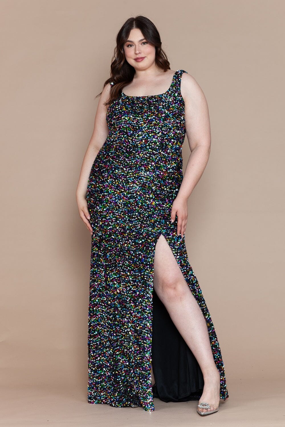 Black/Multi Square Neck Floor-Length Sequin Jersey Prom Gown with High Slit Plus Size Dress Poly USA W1126