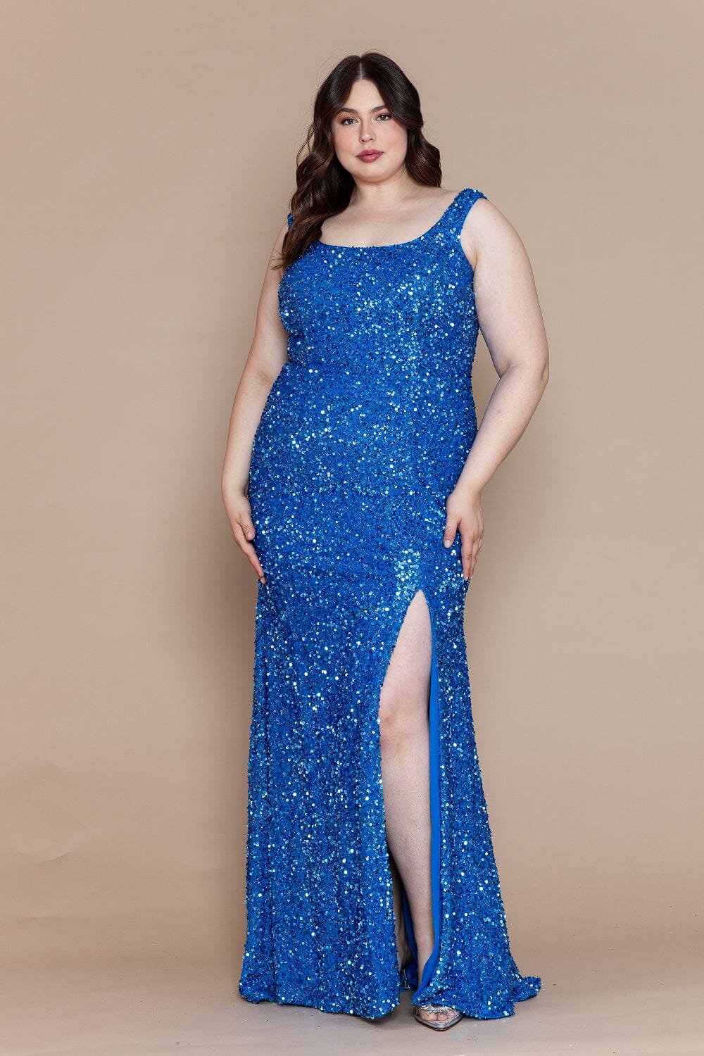 Blue Square Neck Floor-Length Sequin Jersey Prom Gown with High Slit Plus Size Dress Poly USA W1126