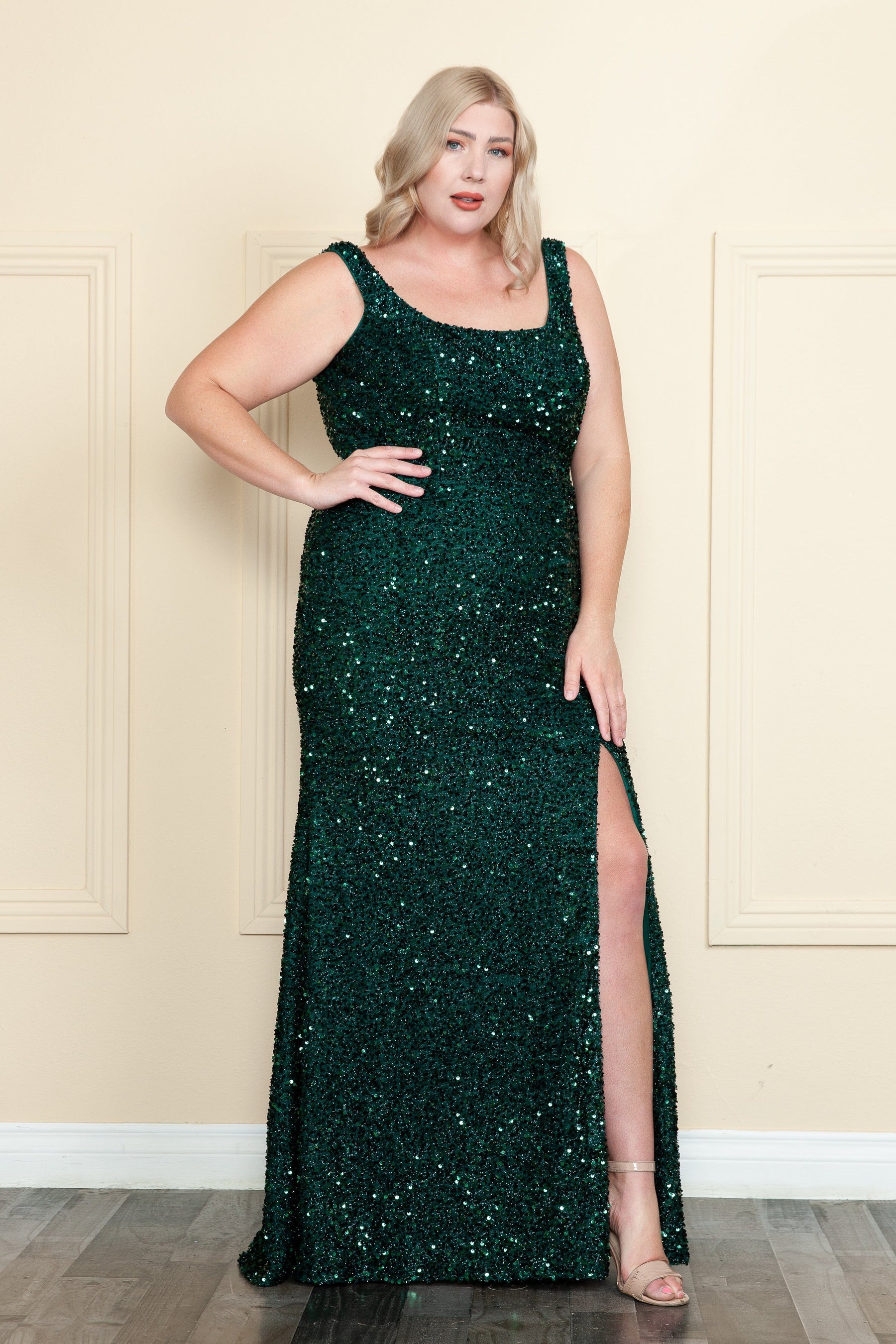 Emerald Square Neck Floor-Length Sequin Jersey Prom Gown with High Slit Plus Size Dress Poly USA W1126