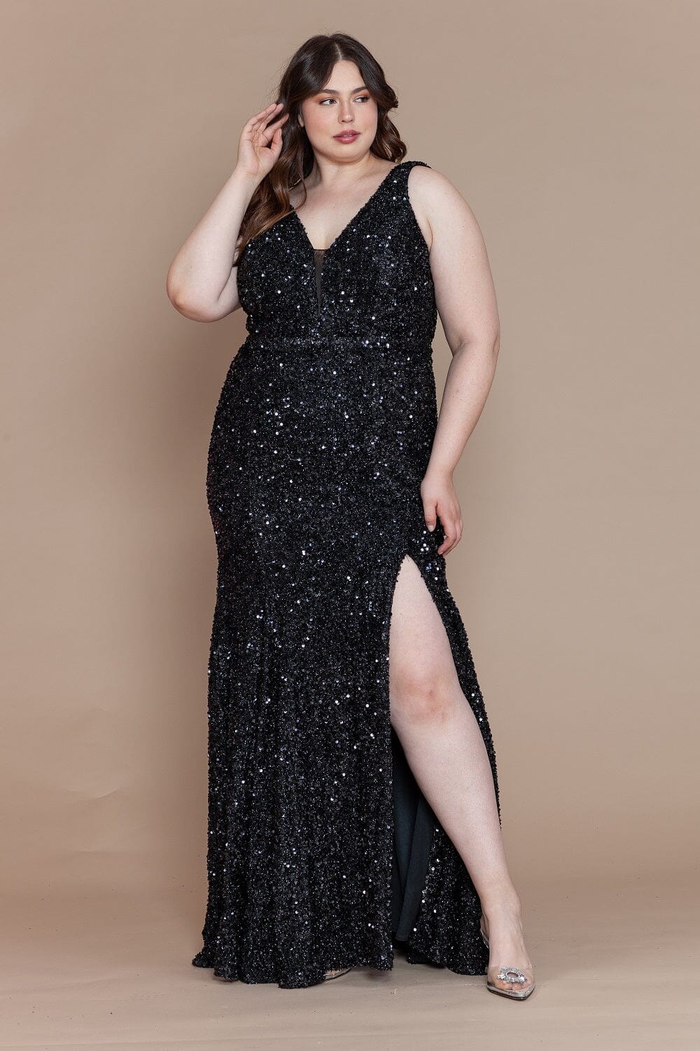 Black V-Neck Floor-Length Sequin Prom Gown with High Slit Plus Size Dress Poly USA W1122