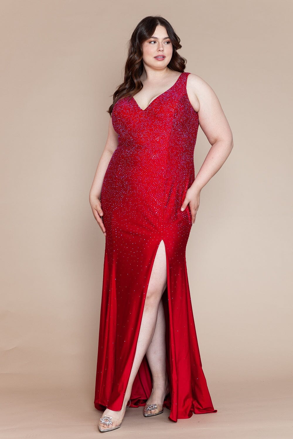 Red V-Neck Sequin Floor-Length Jersey Prom Gown with High Slit Plus Size Dress Poly USA W1116