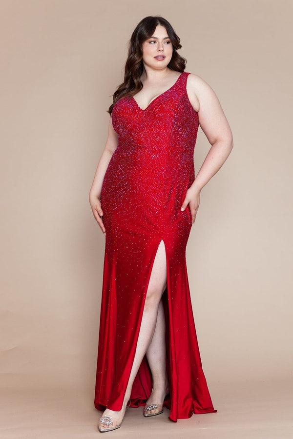V-Neck Sequin Floor-Length Jersey Prom Gown with High Slit Plus Size Dress Poly USA W1116