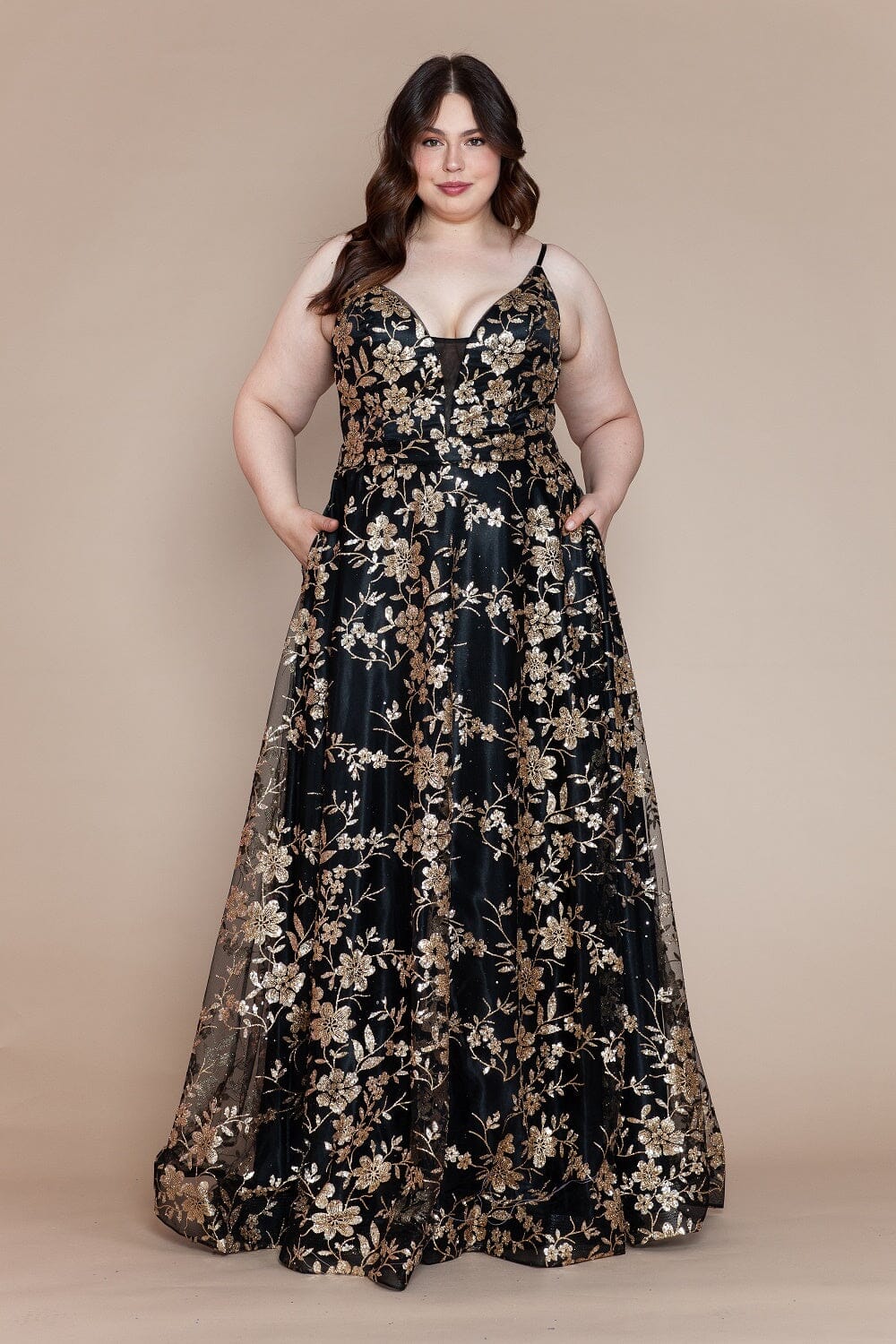 Plus Size Dresses Sweetheart Floor-Length Floral Tulle Gown with Lace-Up Back Formal Dress Poly USA W1134 Poly USA W1134 Black/Gold