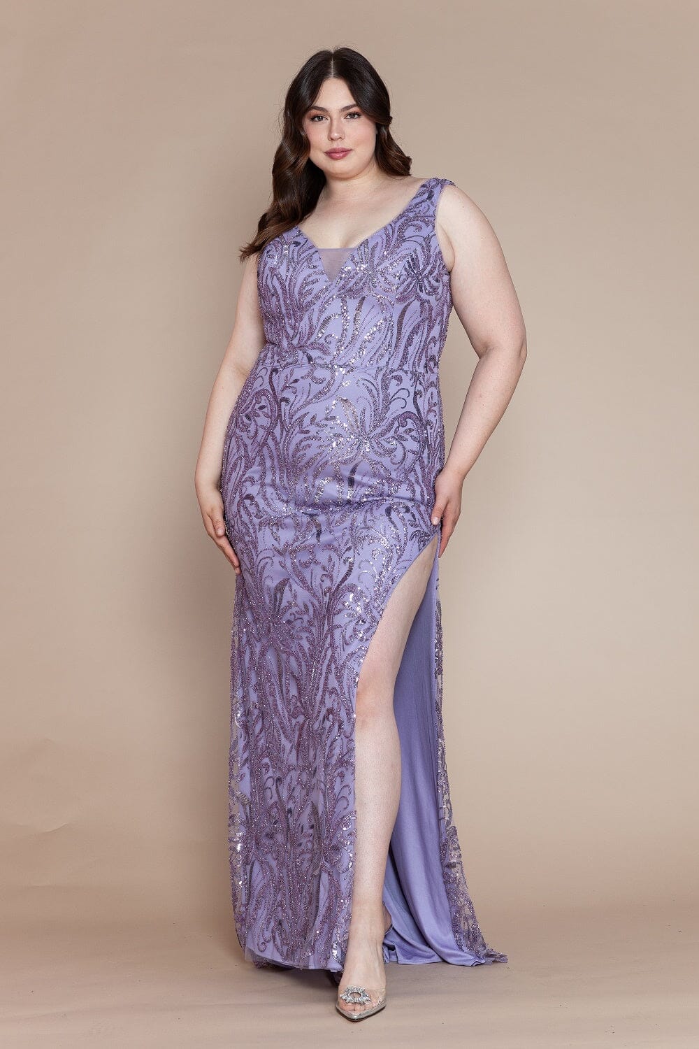 Lavender V-Neck Floor-Length Glitter Print Gown with Side Slit and Lace-Up Back Formal Dress Poly USA W1140