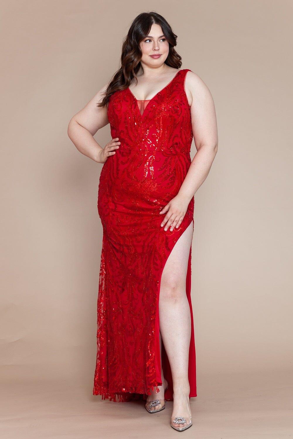 Red V-Neck Floor-Length Glitter Print Gown with Side Slit and Lace-Up Back Formal Dress Poly USA W1140