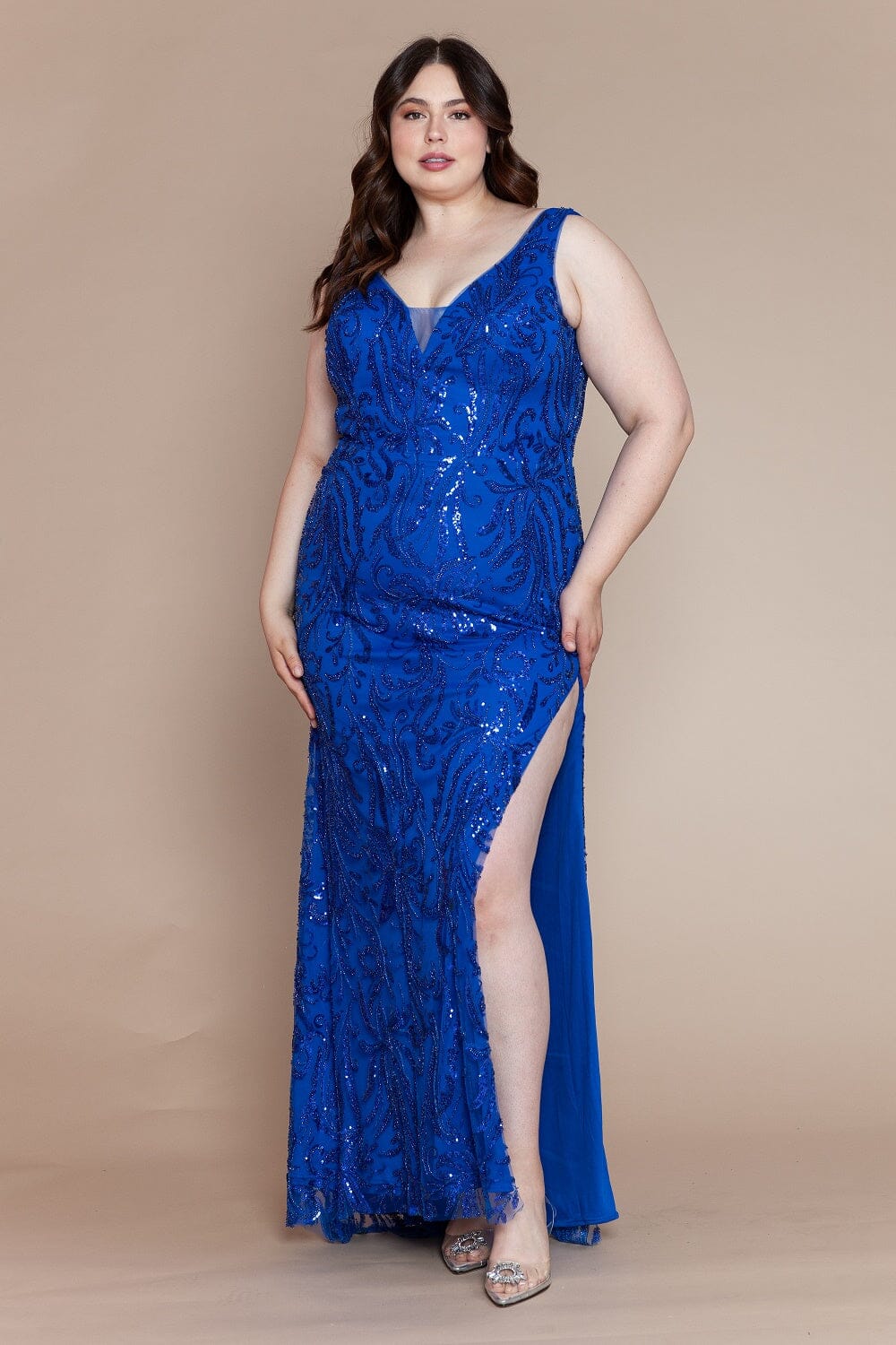 Royal V-Neck Floor-Length Glitter Print Gown with Side Slit and Lace-Up Back Formal Dress Poly USA W1140