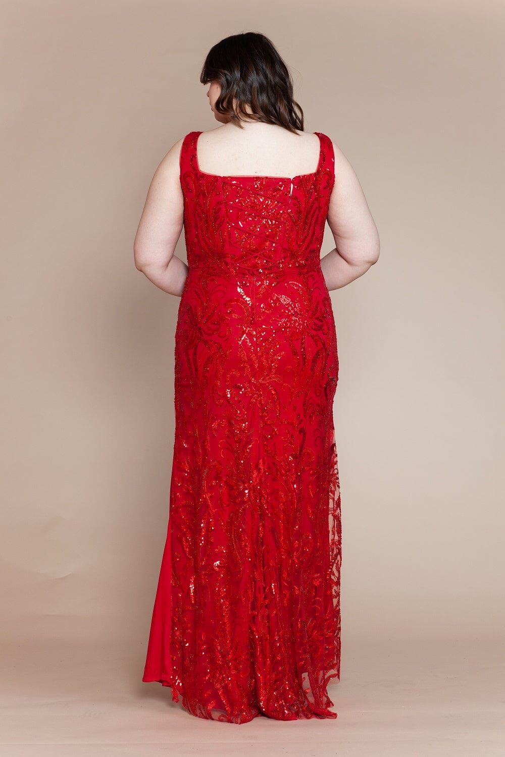 Red V-Neck Floor-Length Glitter Print Gown with Side Slit and Lace-Up Back Formal Dress Poly USA W1140