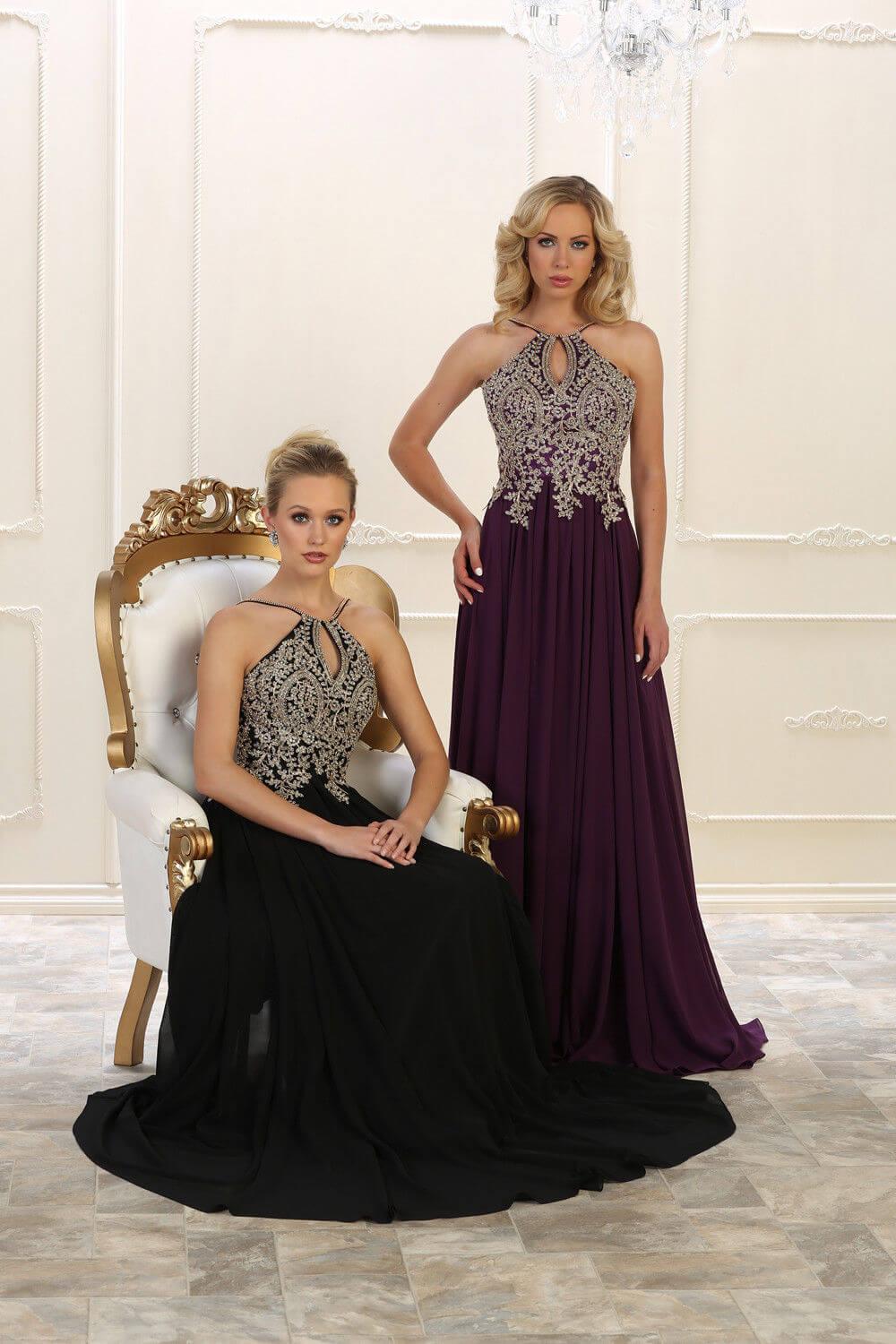Plus Size Long Formal Evening Prom Halter Dress - The Dress Outlet May Queen