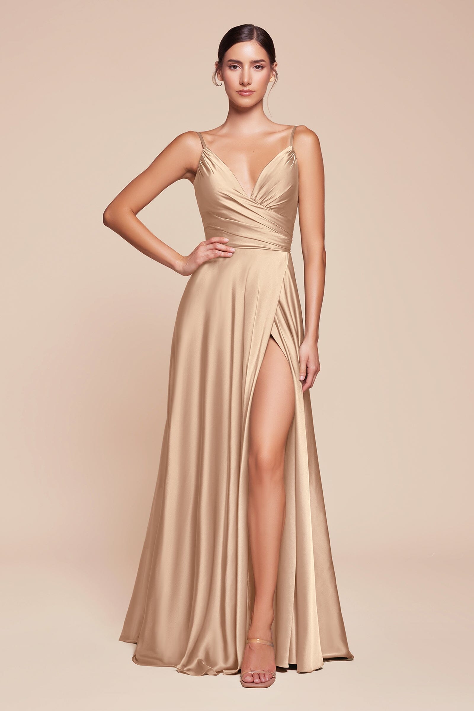 V-Neck Floor-Length Satin Prom A-Line LaDivine 7485C