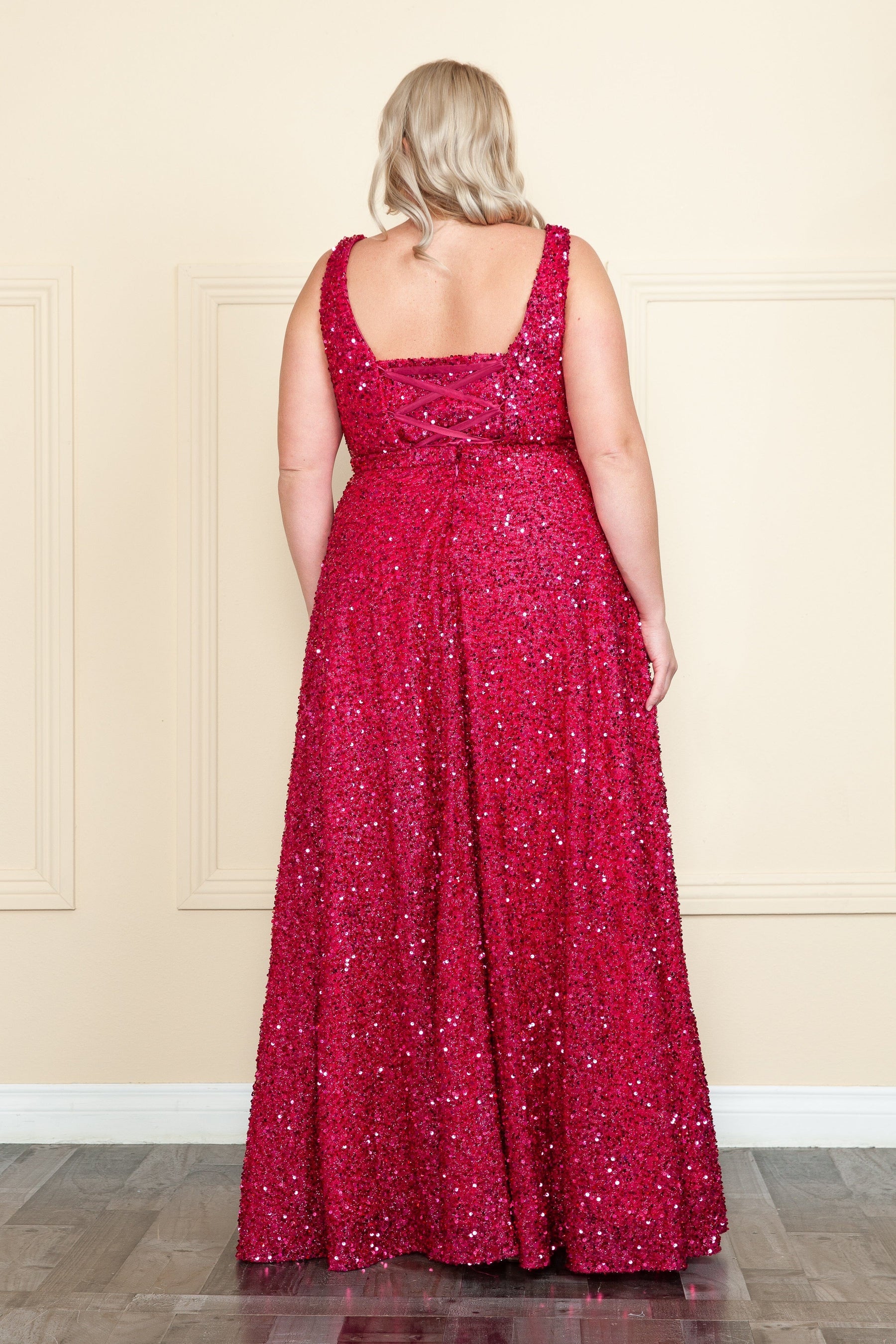 Red Berry V-Neck Floor-Length Sequin Prom Gown with High Slit Plus Size Dress Poly USA W1128
