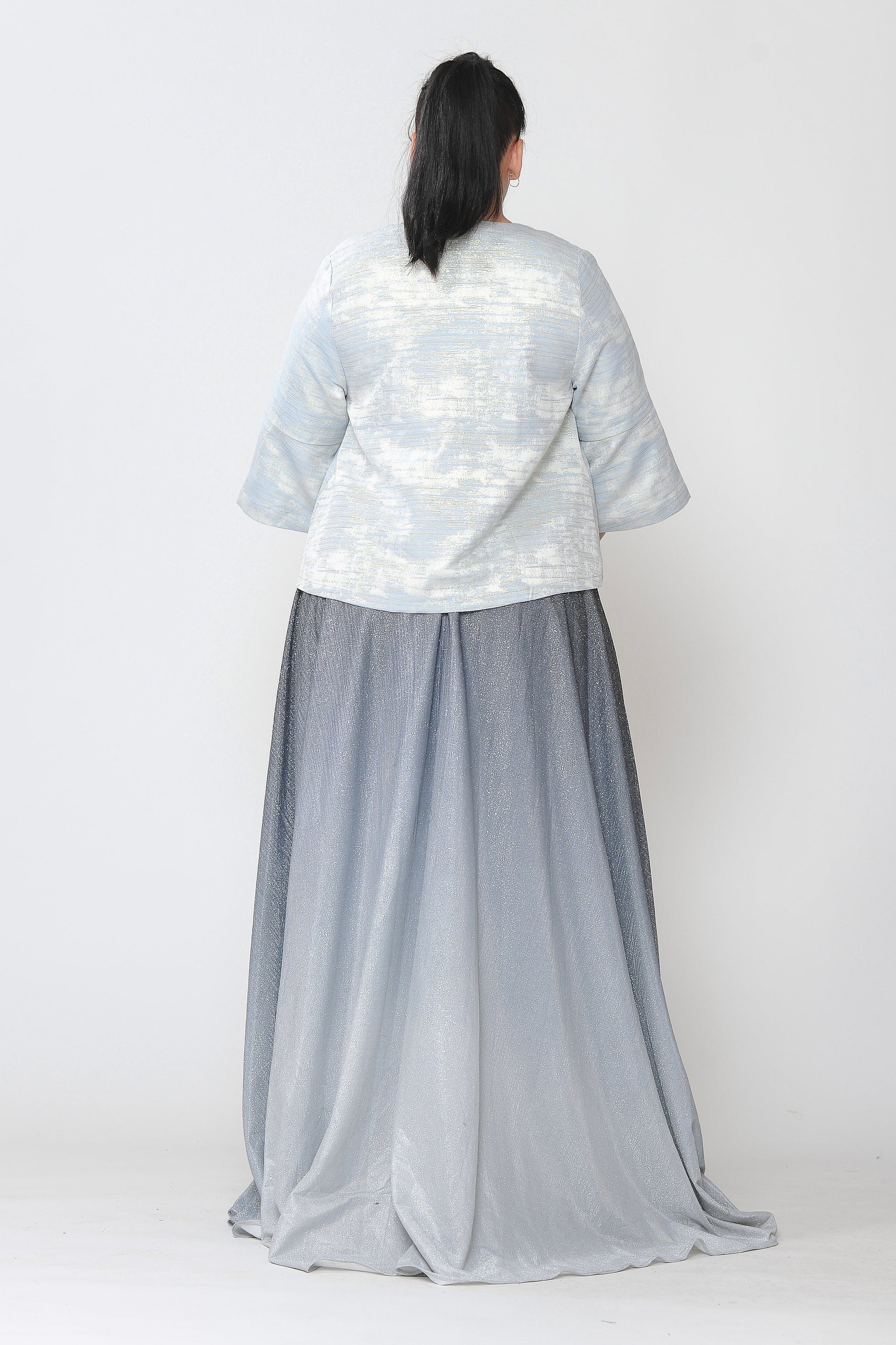 White/Blue Jewel Short Metallic Formal Evening Jacket with Single Button Poly USA JK1922