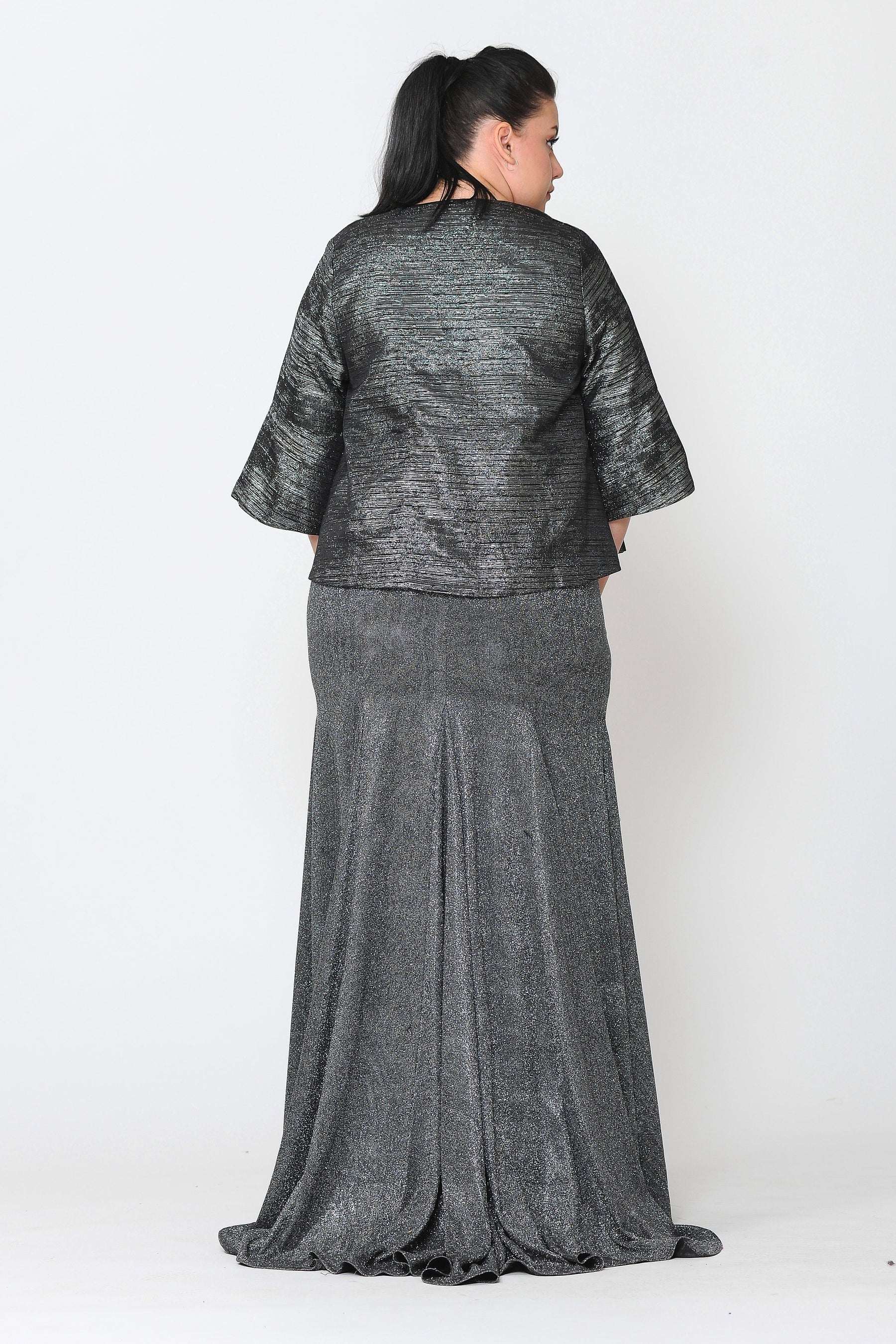 Black/Silver Jewel Short Metallic Formal Evening Jacket with Single Button Poly USA JK1922