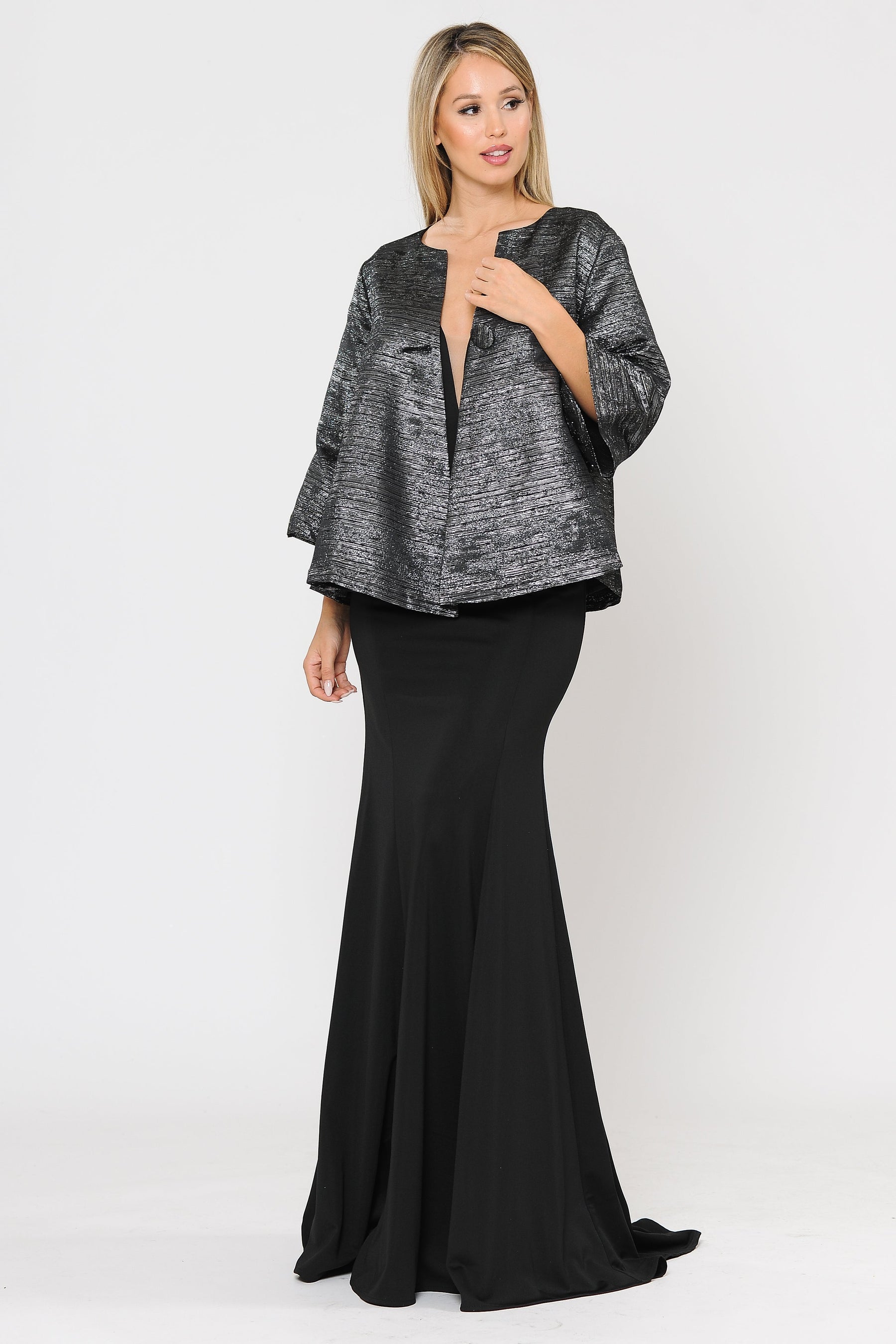 Black/Silver Jewel Short Metallic Formal Evening Jacket with Single Button Poly USA JK1922