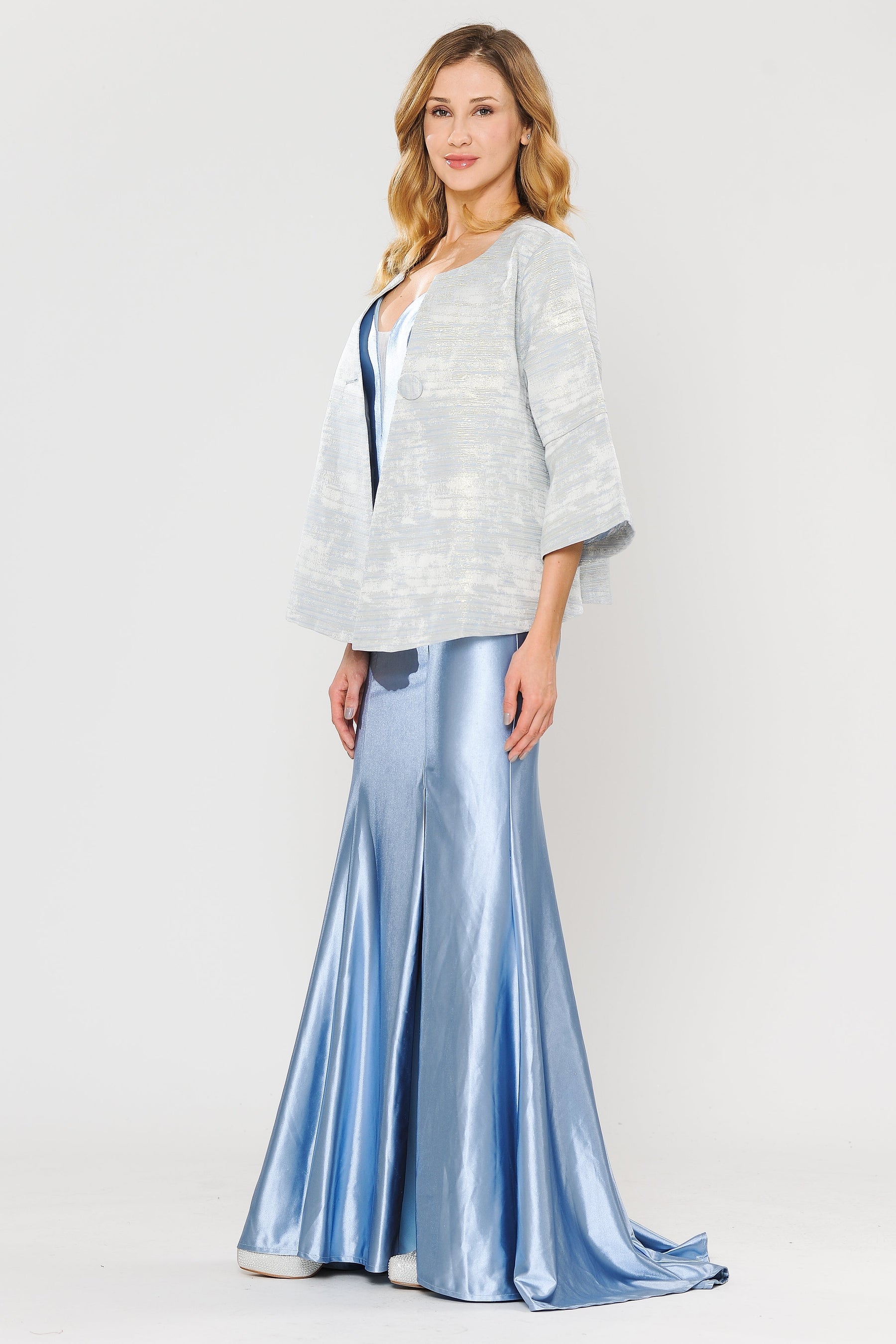 White/Blue Jewel Short Metallic Formal Evening Jacket with Single Button Poly USA JK1922