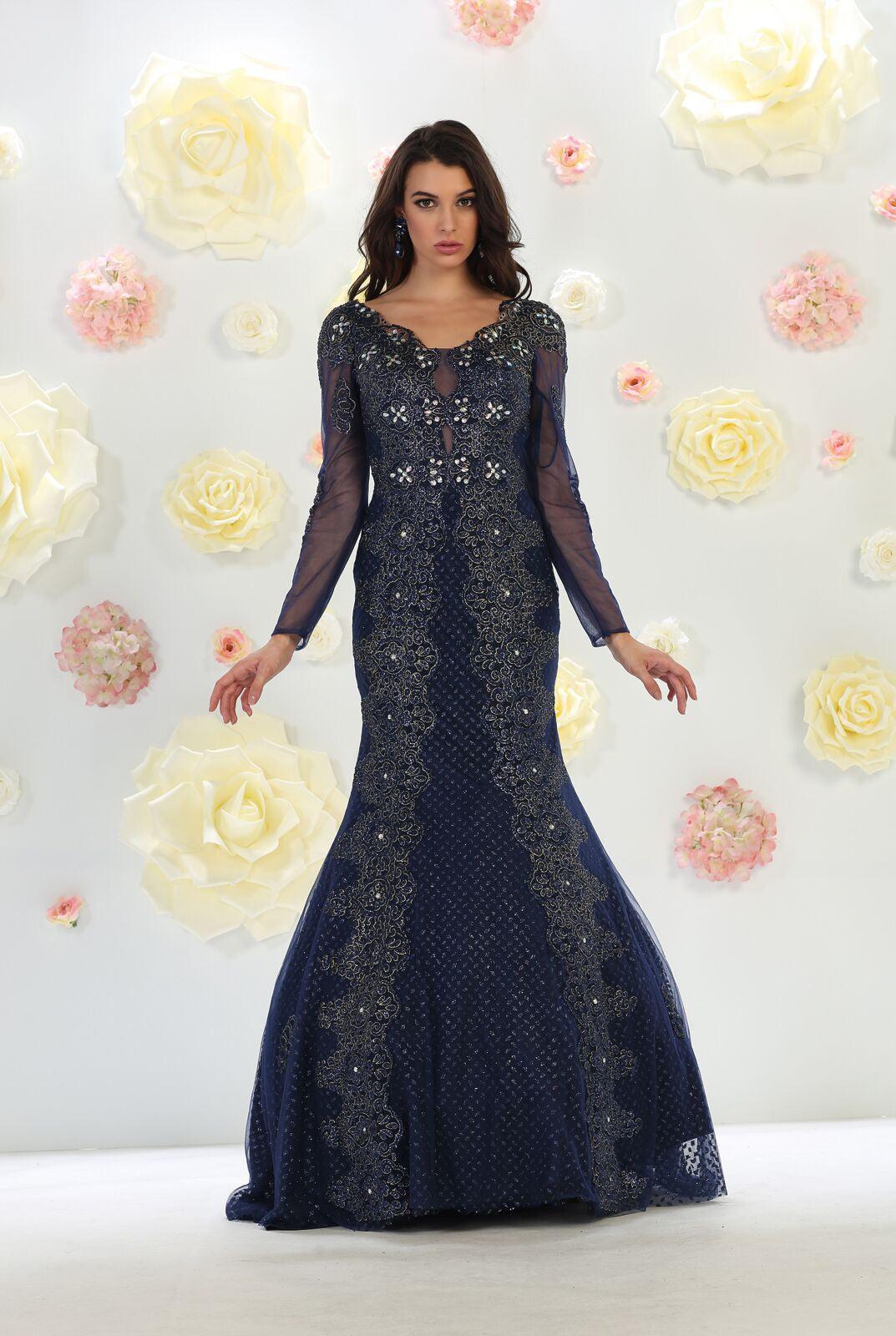 Plus Size Pom Long Sleeve Dress Formal Evening Gown - The Dress Outlet May Queen