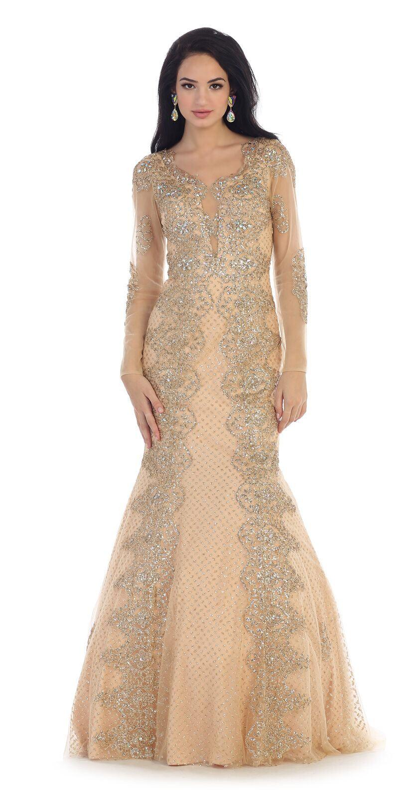 Plus Size Pom Long Sleeve Dress Formal Evening Gown - The Dress Outlet May Queen