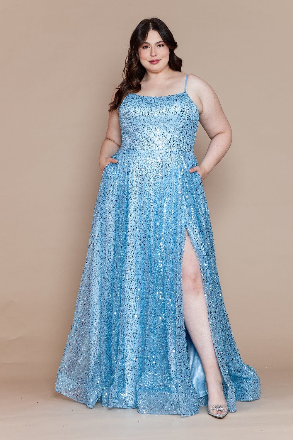 Blue Scoop Neckline Floor Length Sequin Prom Dress with High Slit Formal Gown Poly USA W1142