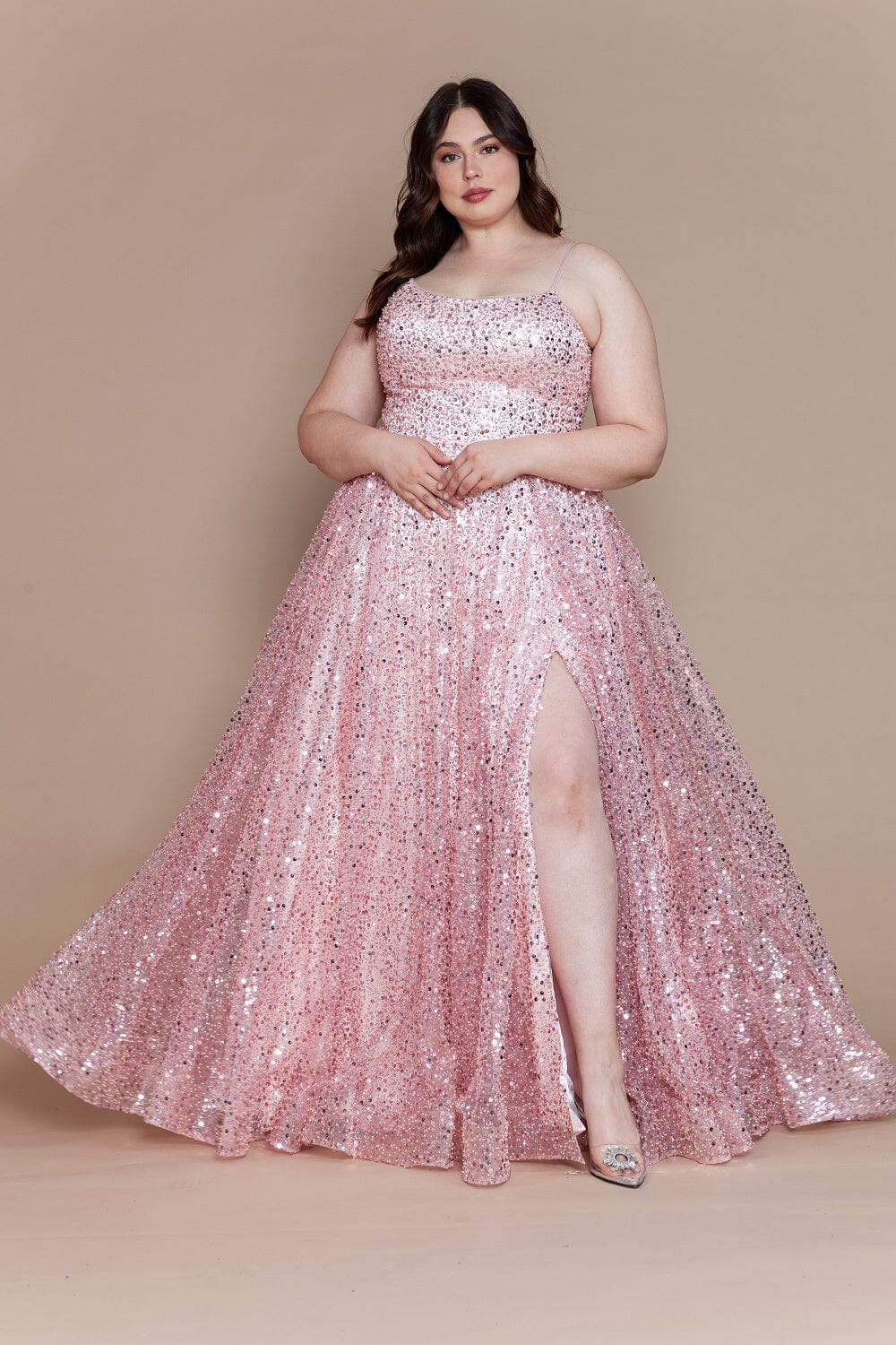 Blush Scoop Neckline Floor Length Sequin Prom Dress with High Slit Formal Gown Poly USA W1142