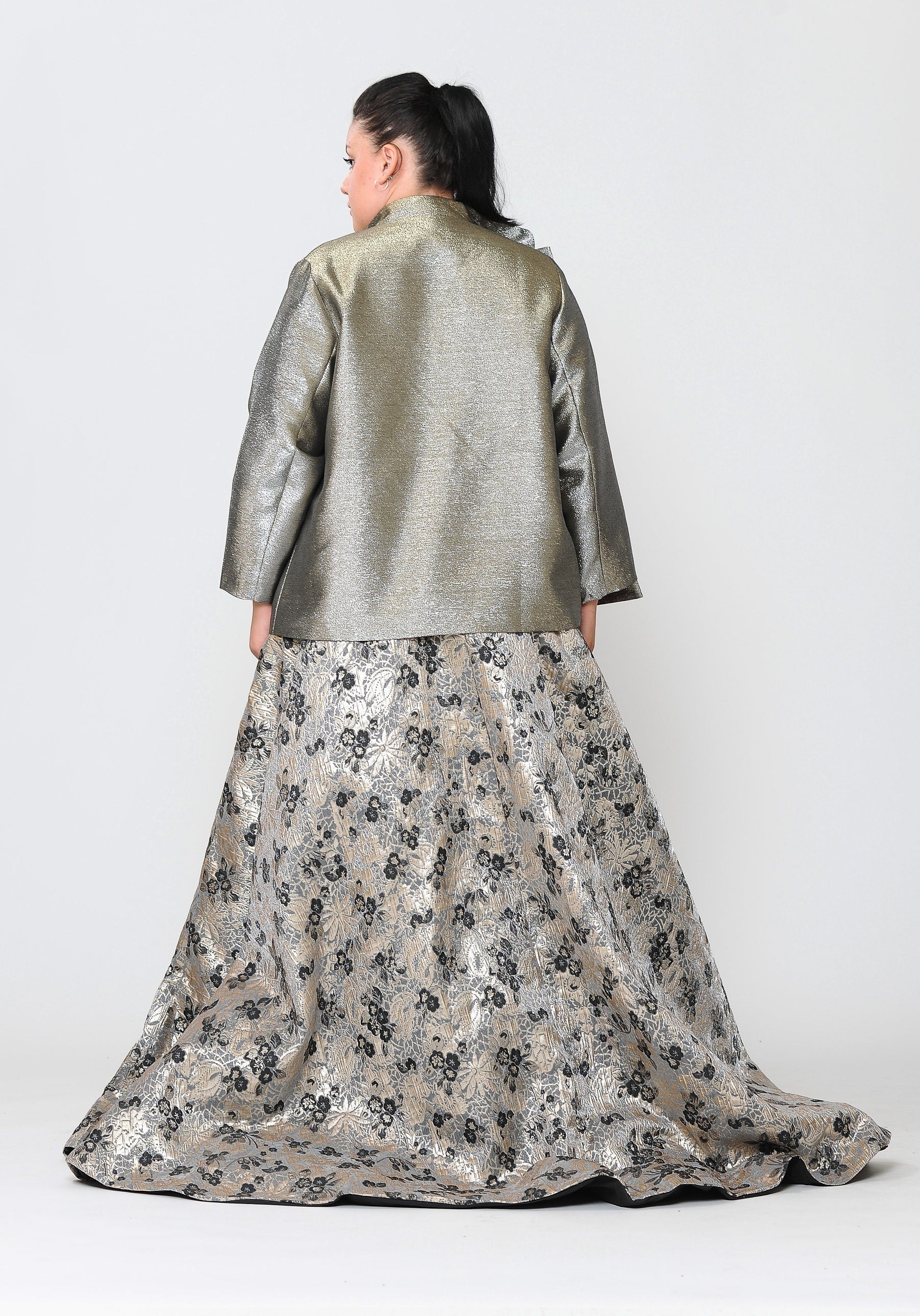 Gold/Silver Crew/High-Neck Short Metallic Iridescent Formal Jacket with Open Front Poly USA JK1908