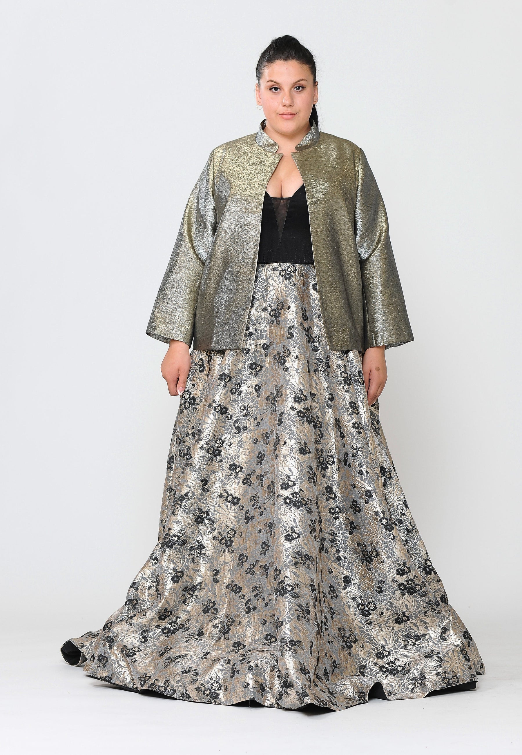 Gold/Silver Crew/High-Neck Short Metallic Iridescent Formal Jacket with Open Front Poly USA JK1908