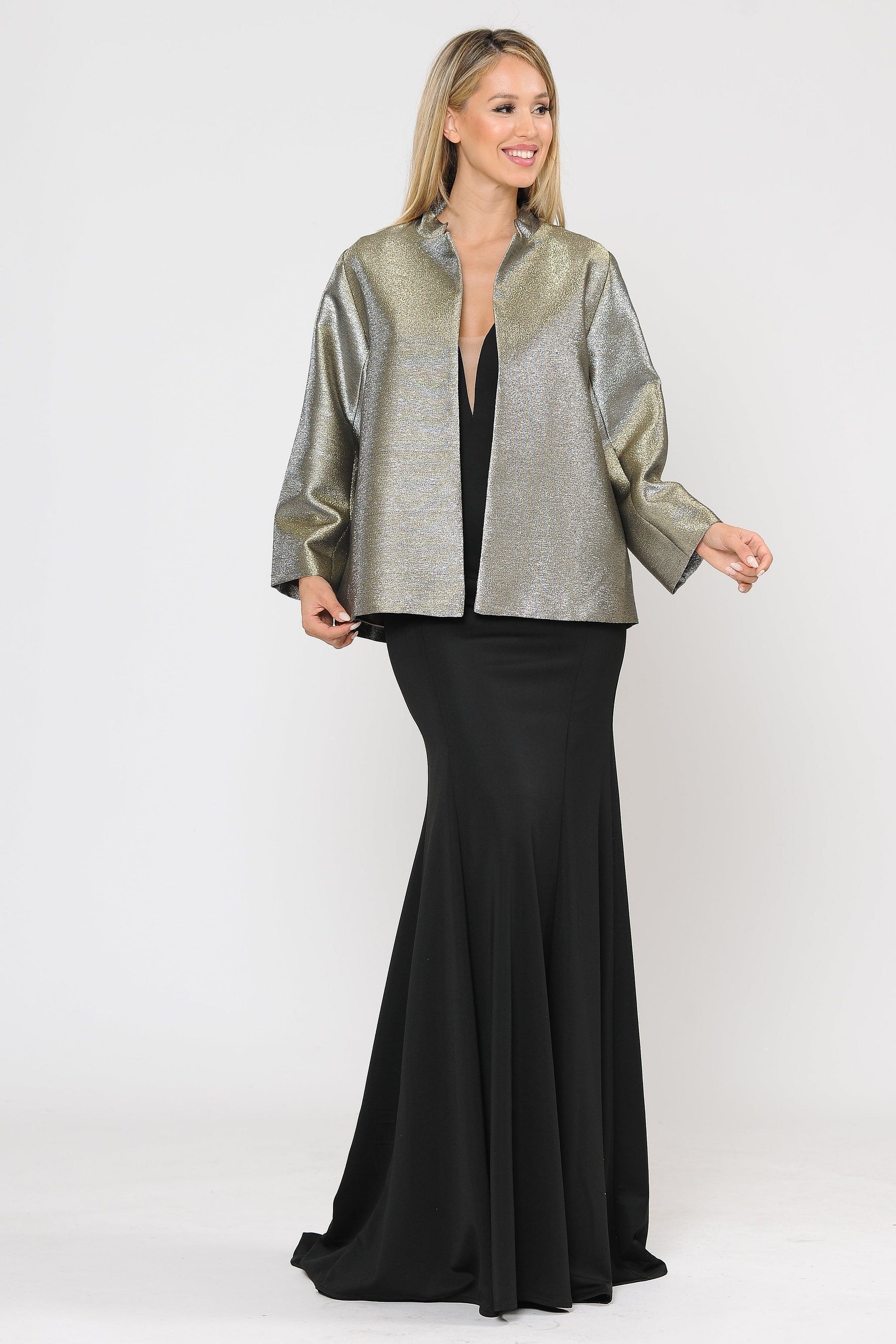 Gold/Silver Crew/High-Neck Short Metallic Iridescent Formal Jacket with Open Front Poly USA JK1908