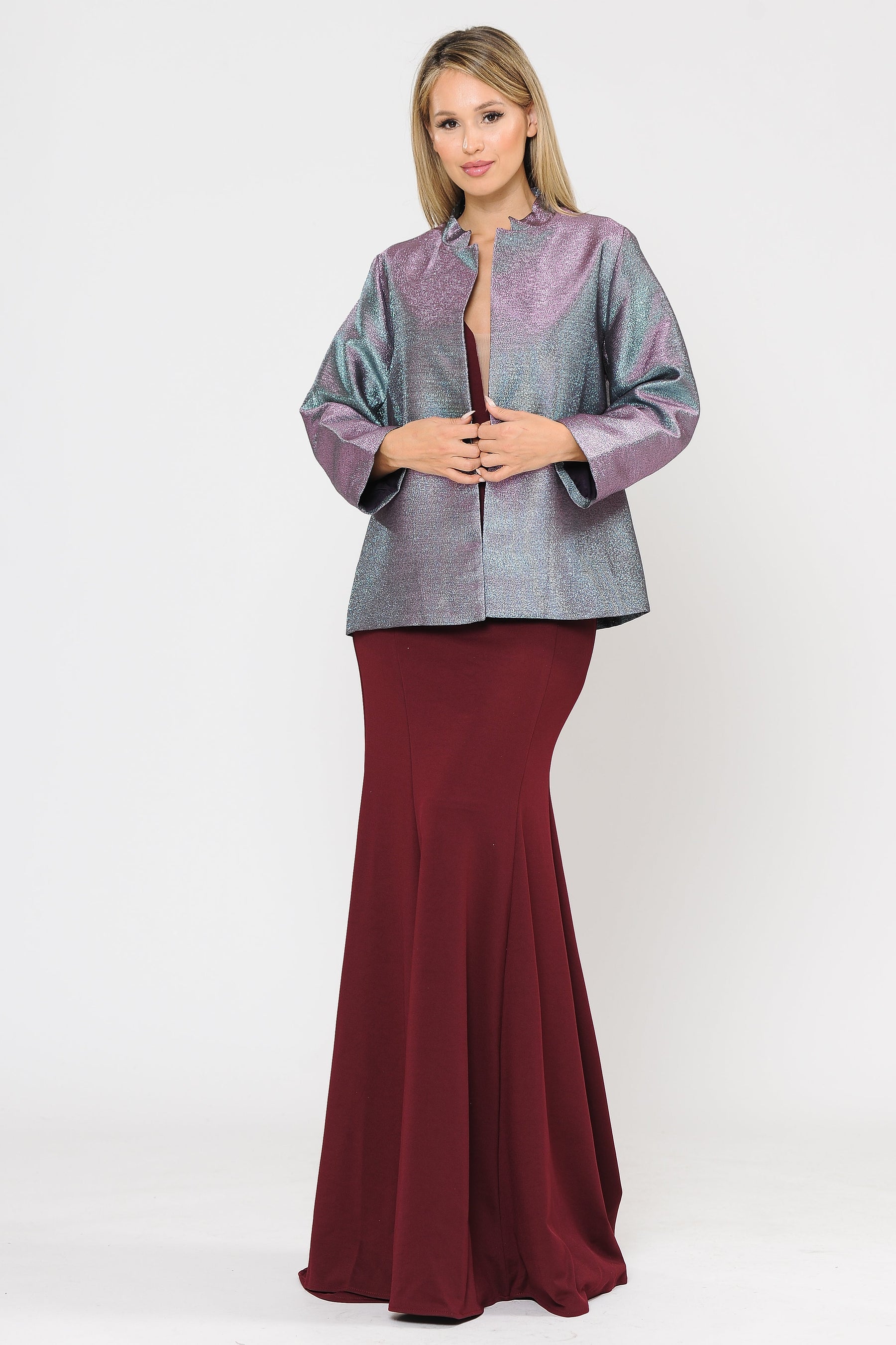 Teal Crew/High-Neck Short Metallic Iridescent Formal Jacket with Open Front Poly USA JK1908