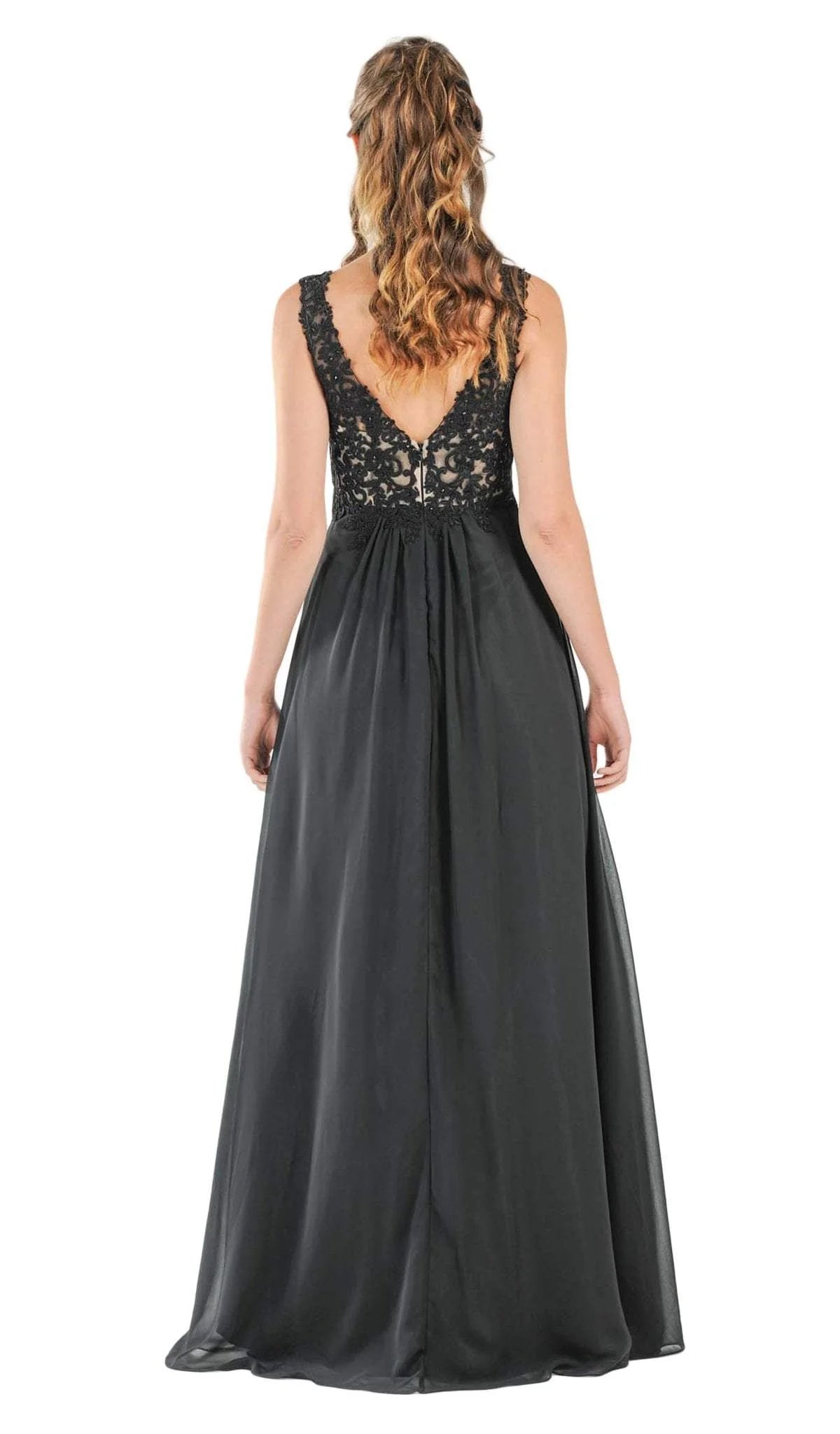 Black V-Neck Floor-Length Chiffon Prom A-Line Gown with Lace Appliques Poly USA 8012