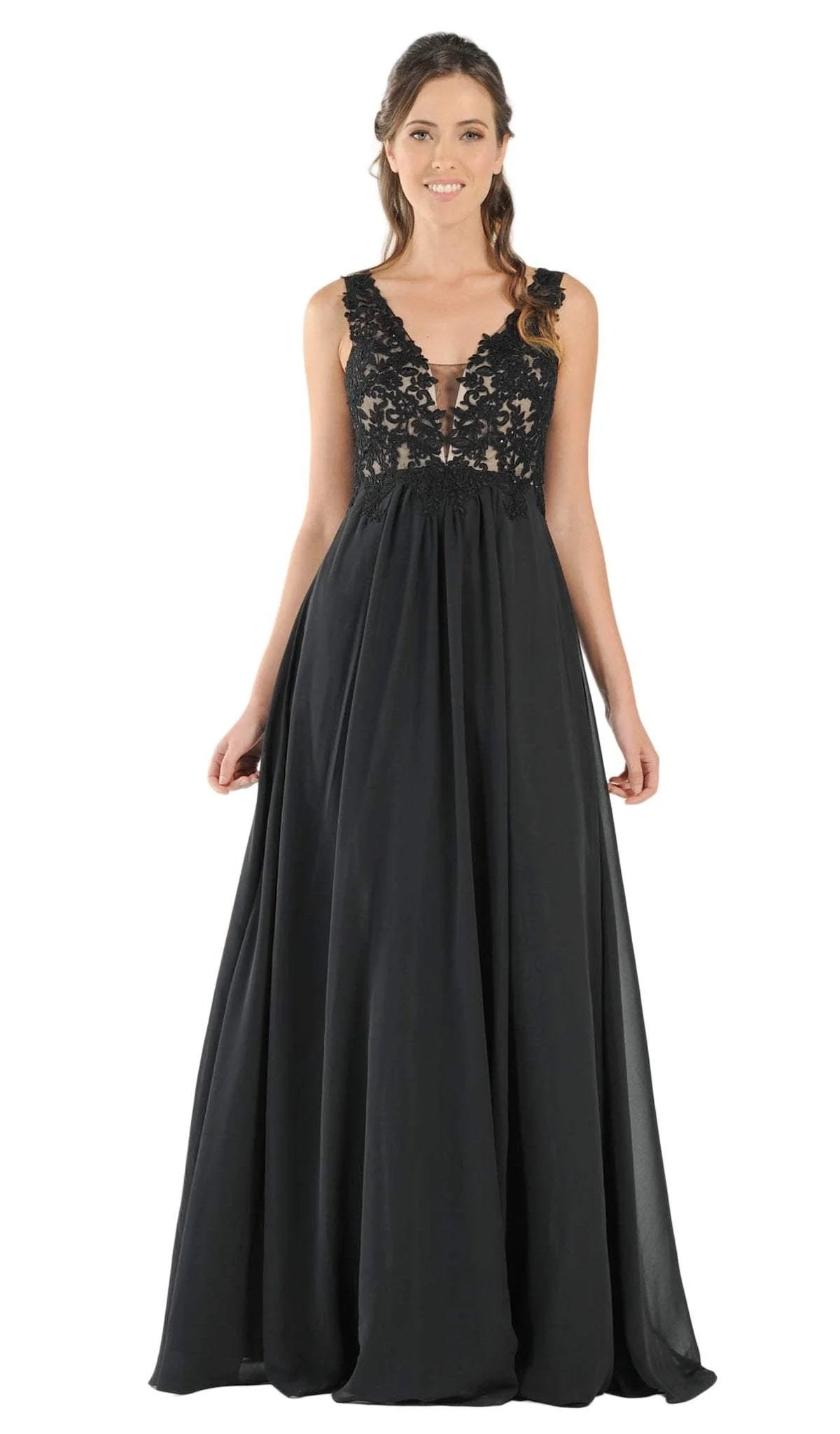 Black V-Neck Floor-Length Chiffon Prom A-Line Gown with Lace Appliques Poly USA 8012