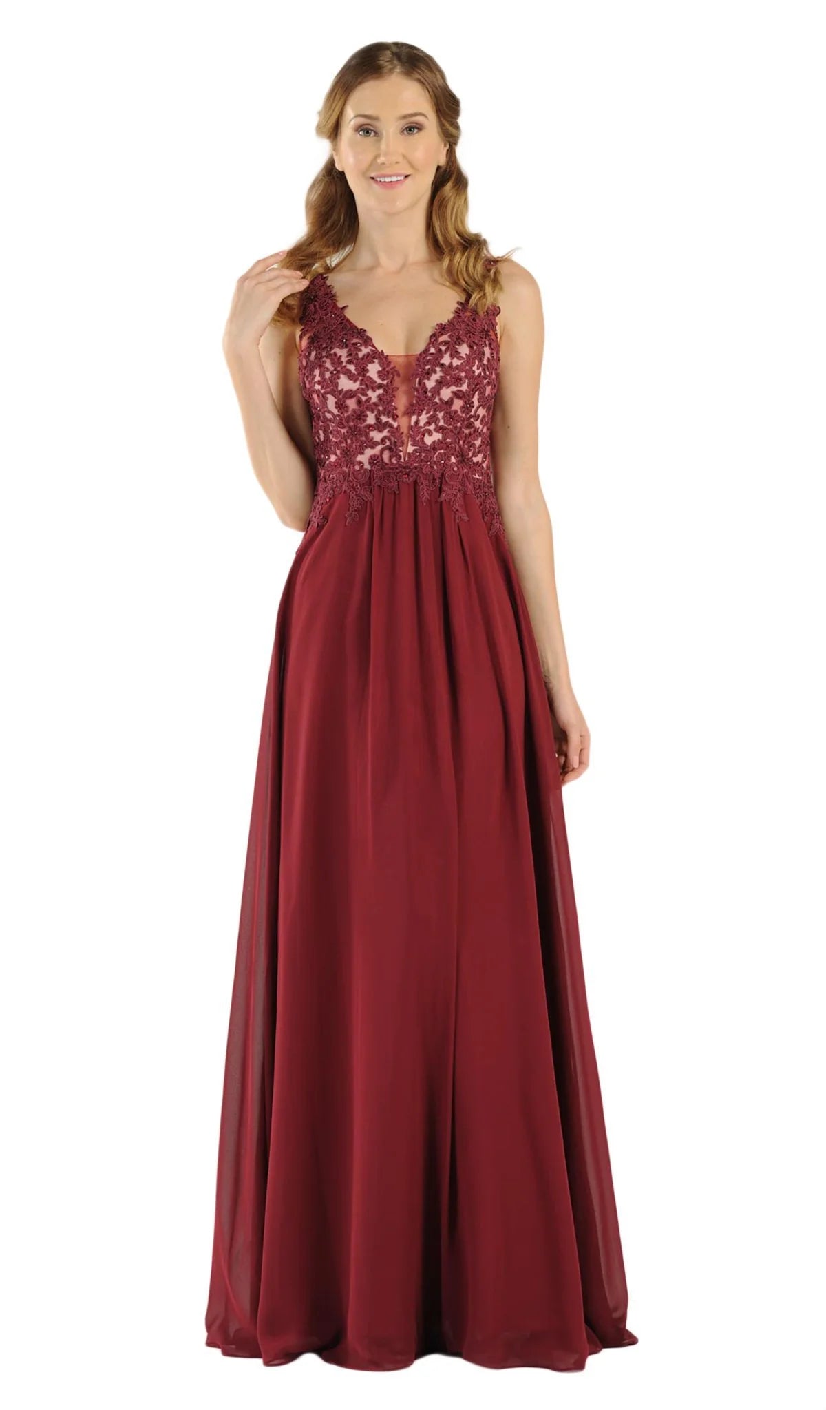 Burgundy V-Neck Floor-Length Chiffon Prom A-Line Gown with Lace Appliques Poly USA 8012