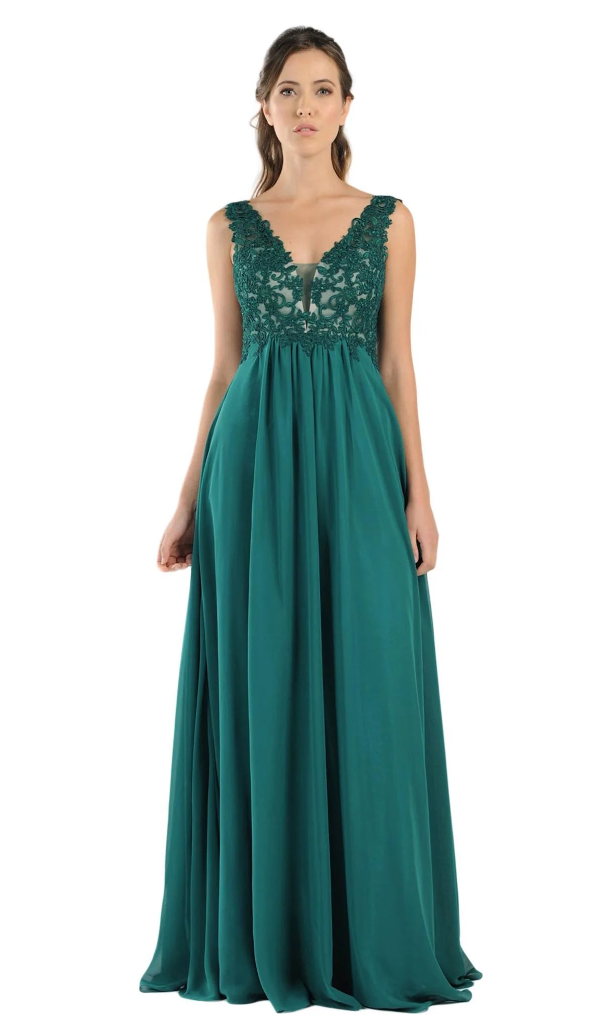 Green V-Neck Floor-Length Chiffon Prom A-Line Gown with Lace Appliques Poly USA 8012