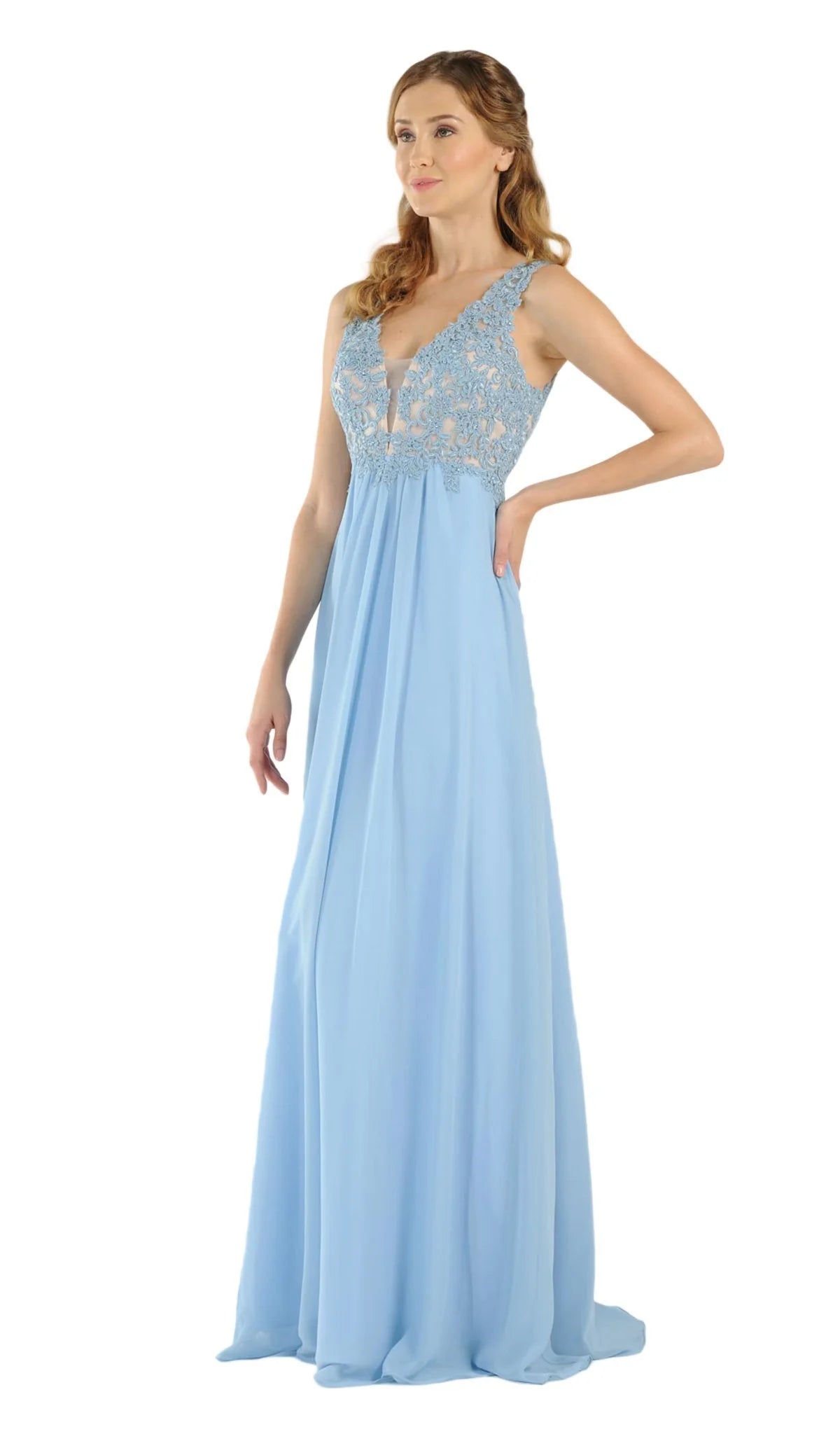 Ice Blue V-Neck Floor-Length Chiffon Prom A-Line Gown with Lace Appliques Poly USA 8012