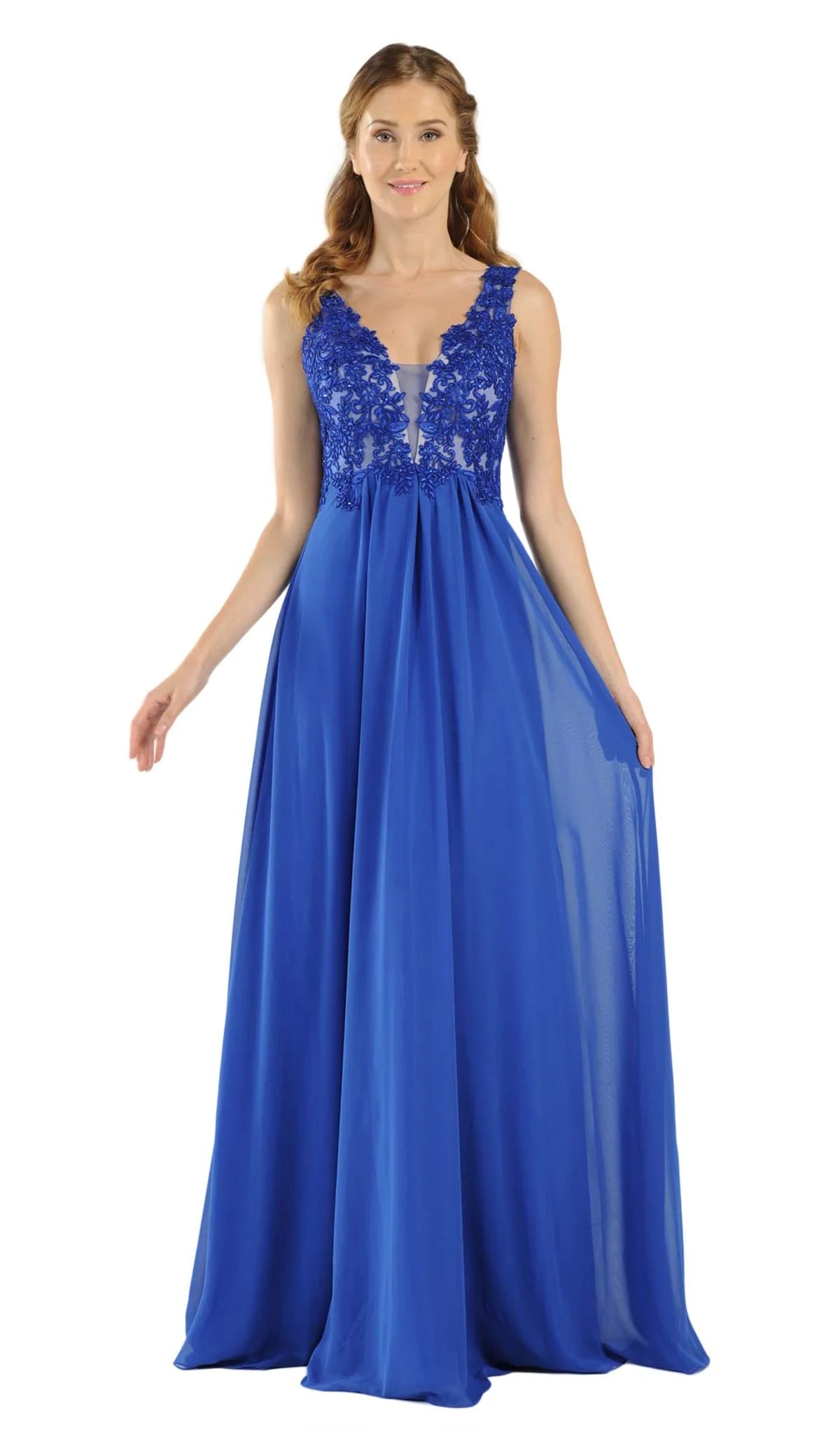 Royal Blue V-Neck Floor-Length Chiffon Prom A-Line Gown with Lace Appliques Poly USA 8012