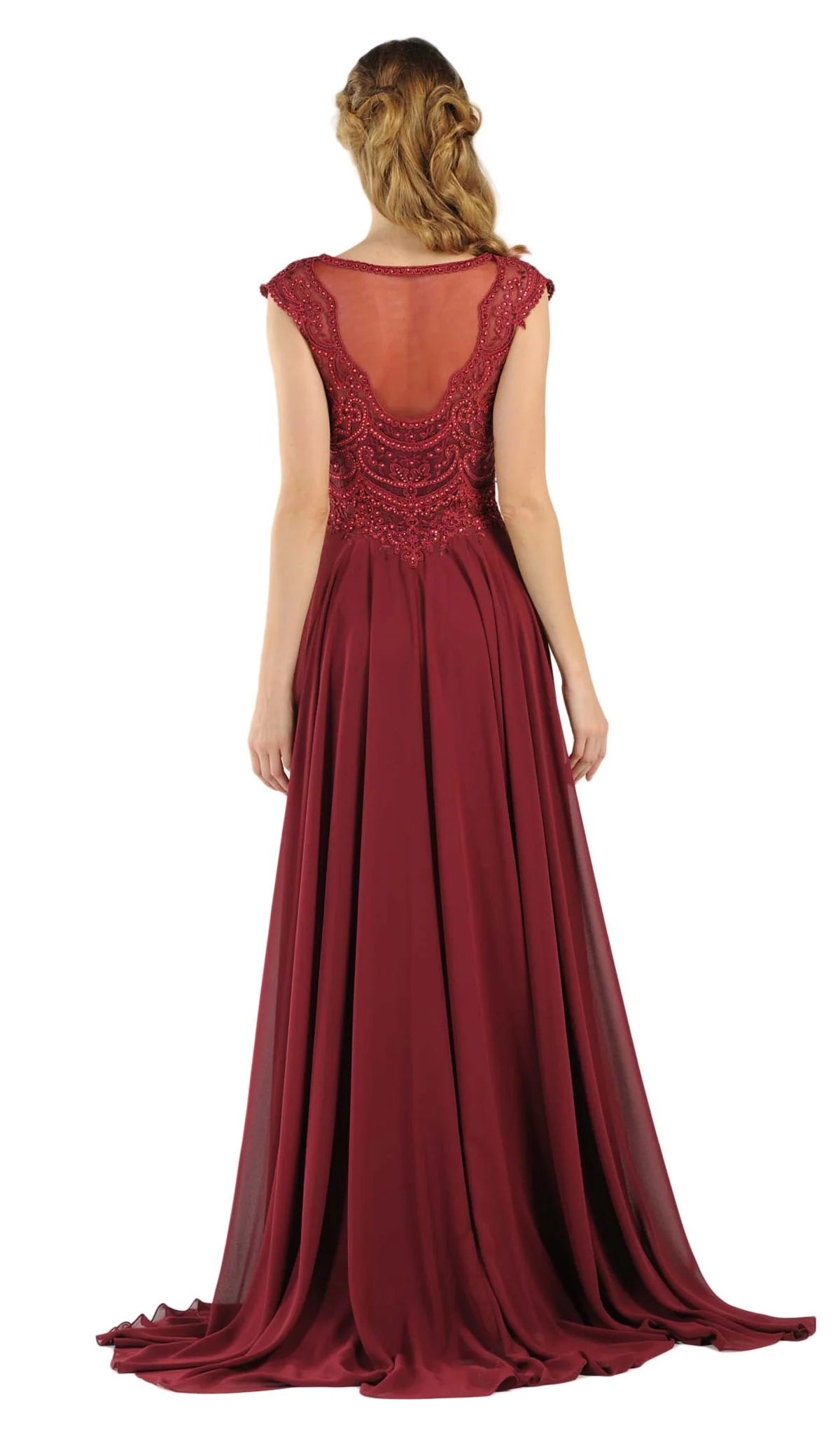 Burgundy Jewel Floor-Length Chiffon A-Line Formal Gown with Embroidered Bodice Poly USA 8254