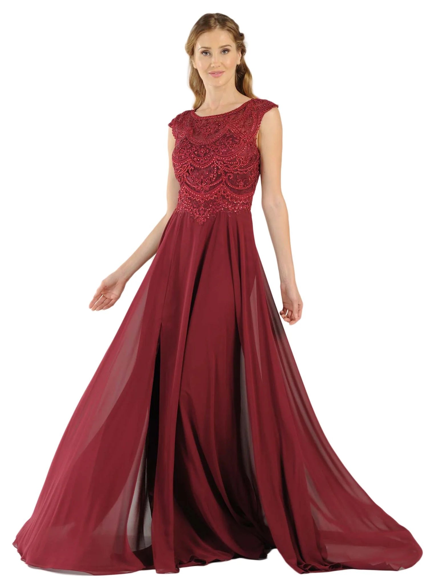 Burgundy Jewel Floor-Length Chiffon A-Line Formal Gown with Embroidered Bodice Poly USA 8254