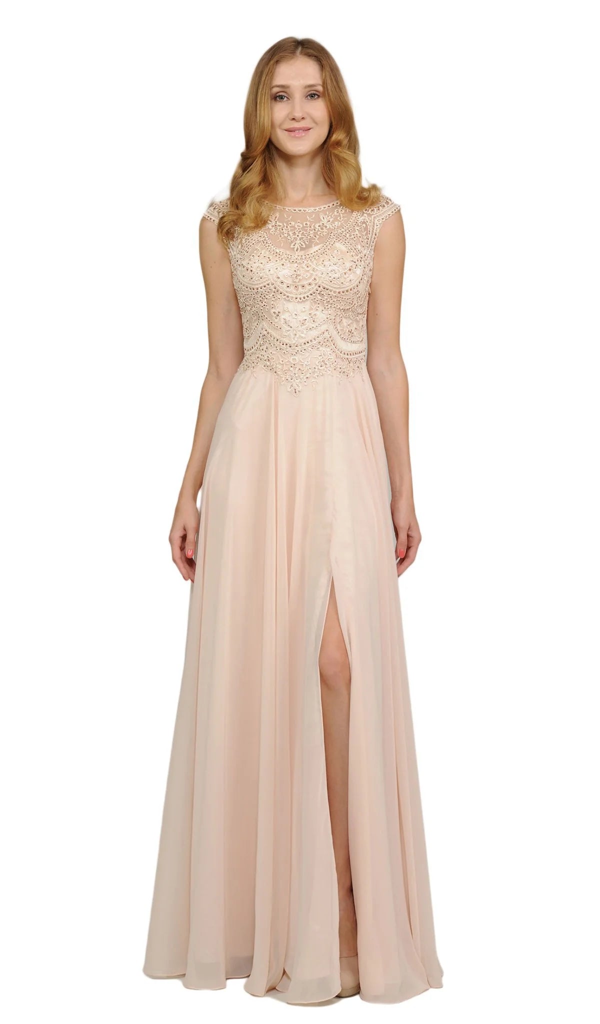 Champagne Jewel Floor-Length Chiffon A-Line Formal Gown with Embroidered Bodice Poly USA 8254