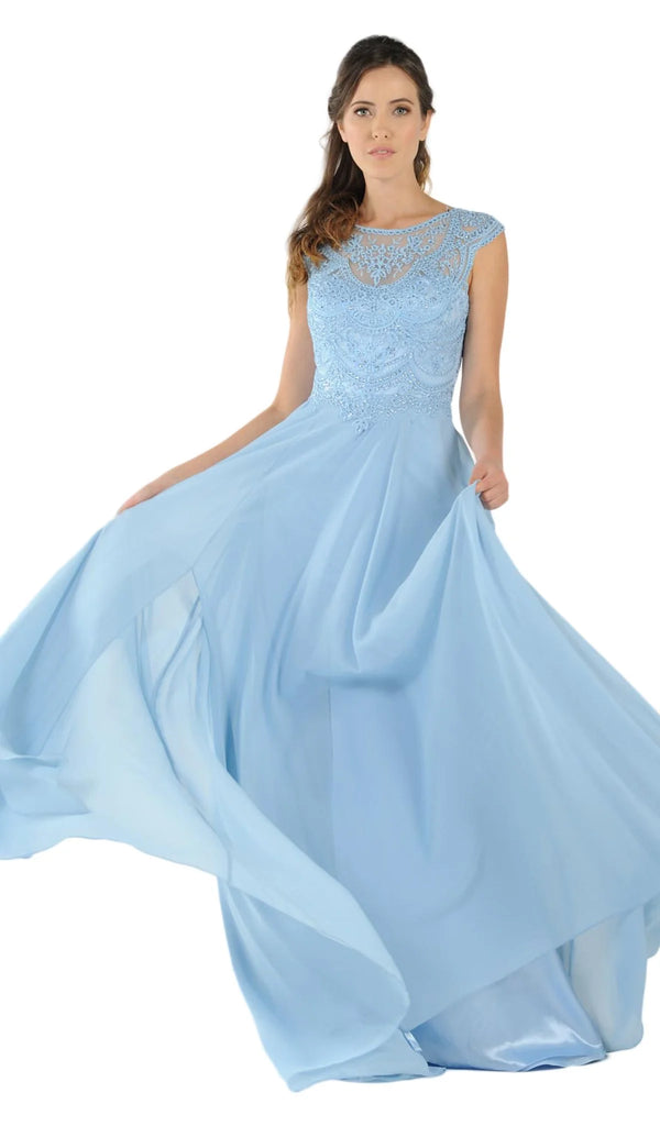 Jewel Floor-Length Chiffon A-Line Formal Gown with Embroidered Bodice Poly USA 8254