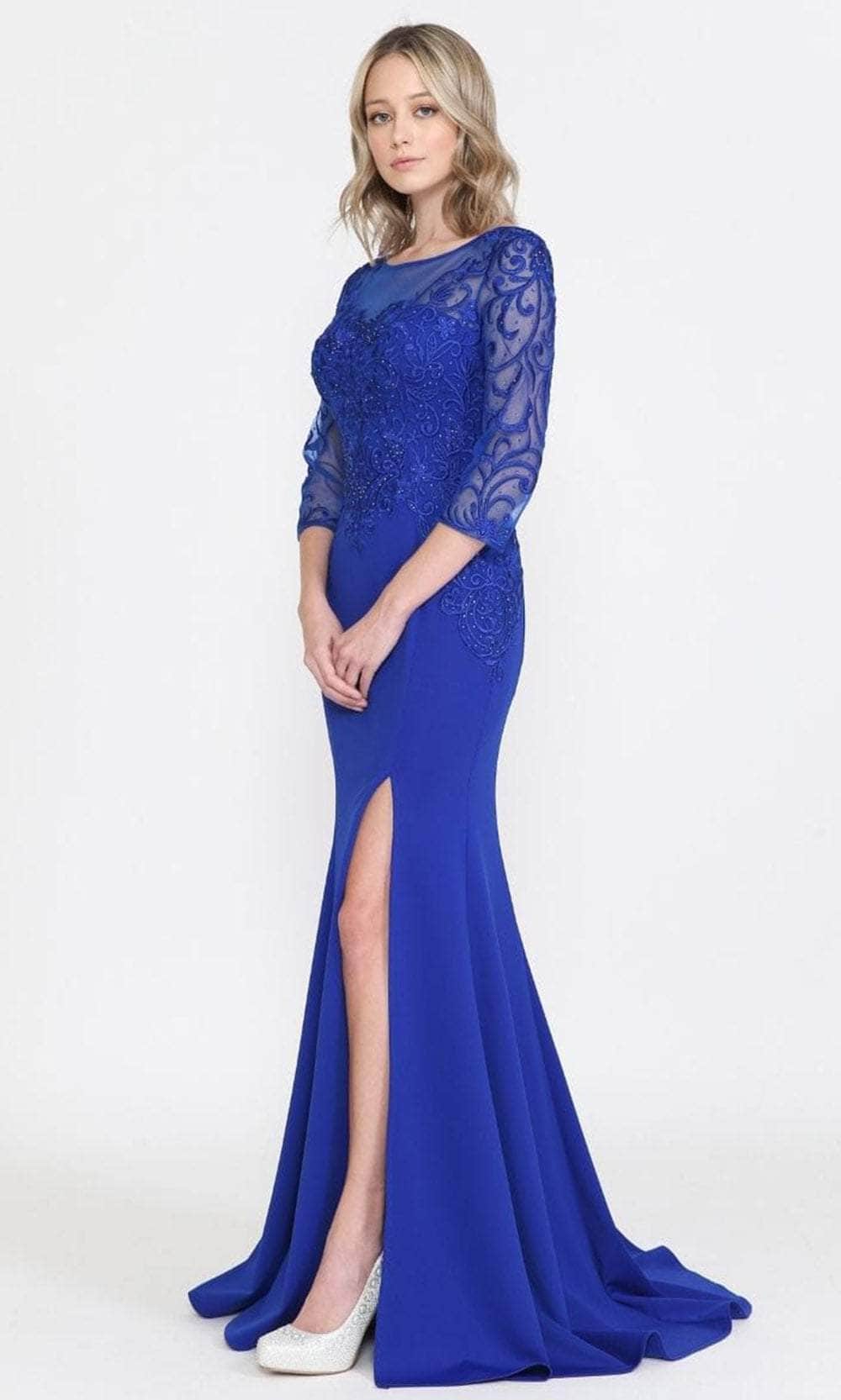 Royal Bateau Floor-Length Lace Formal Trumpet Gown with Illusion Quarter Sleeves Poly USA 8564