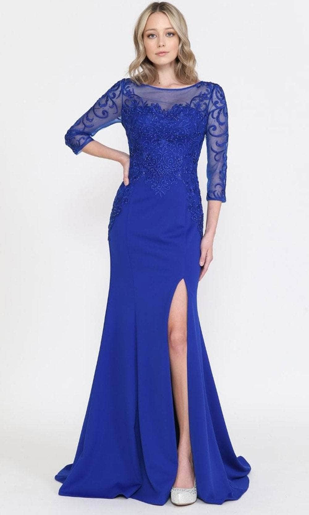 Royal Bateau Floor-Length Lace Formal Trumpet Gown with Illusion Quarter Sleeves Poly USA 8564
