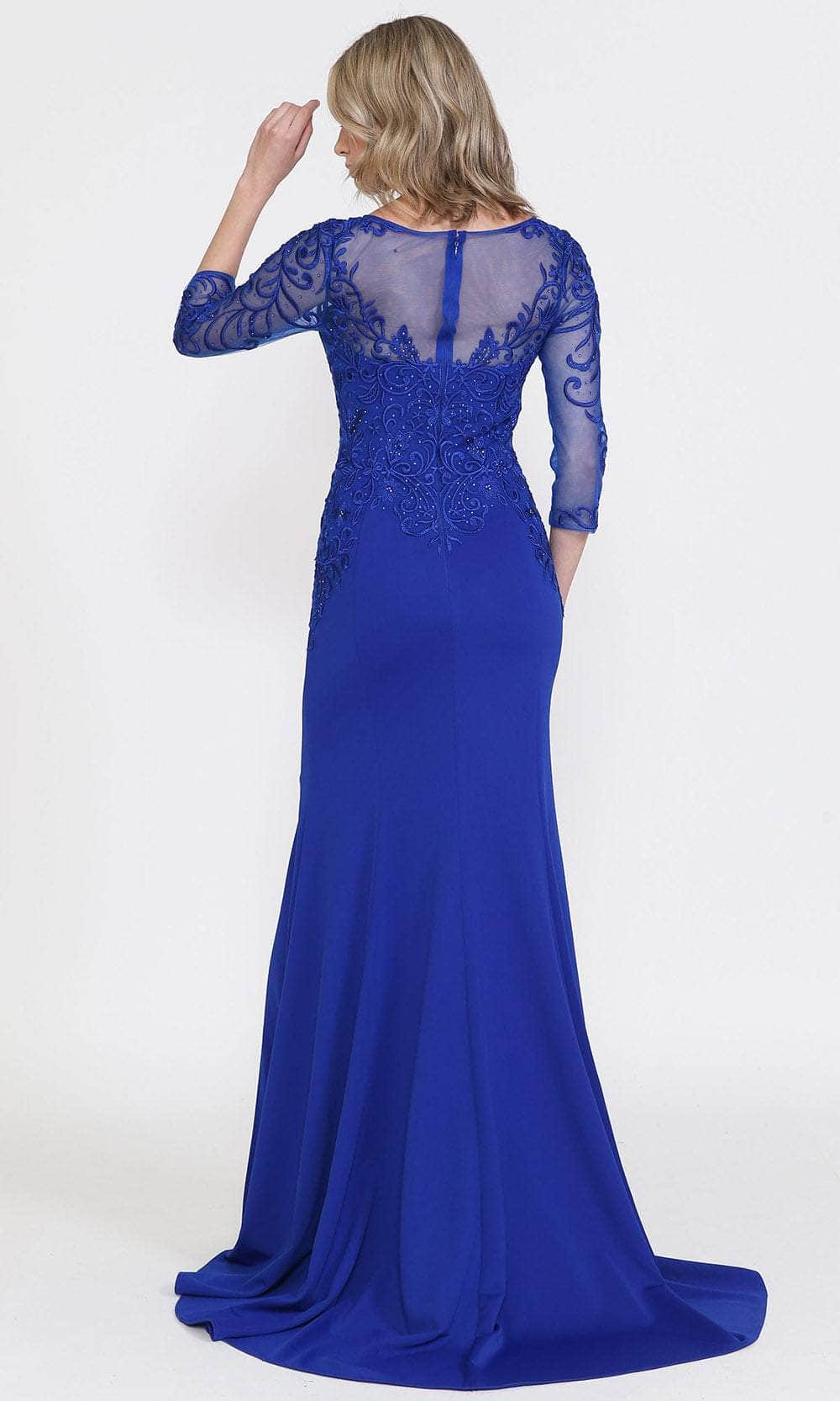 Royal Bateau Floor-Length Lace Formal Trumpet Gown with Illusion Quarter Sleeves Poly USA 8564