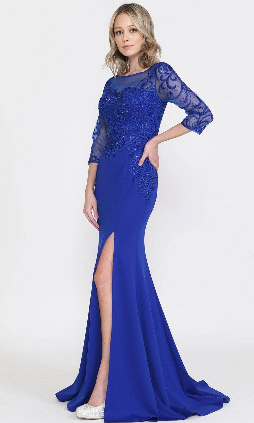 Royal Bateau Floor-Length Lace Formal Trumpet Gown with Illusion Quarter Sleeves Poly USA 8564