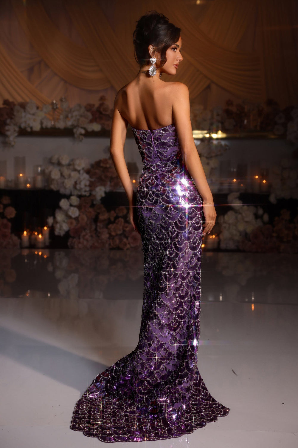 Purple Plunging V-Neck Floor-Length Sequin Prom Dress Scalloped Beadwork Portia & Scarlett PS25998C
